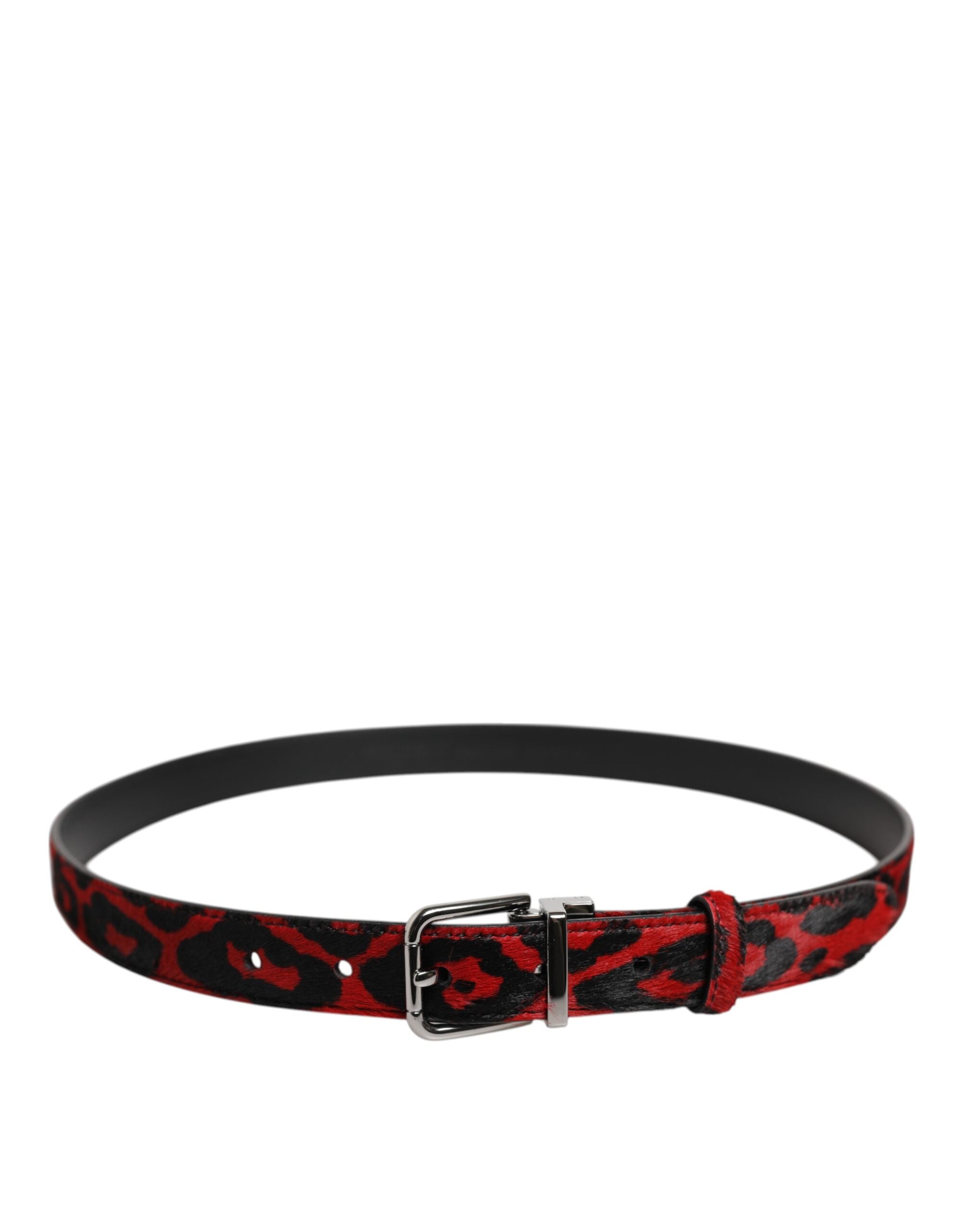 Dolce & Gabbana Black Red Leopard Silver Metal Buckle Belt