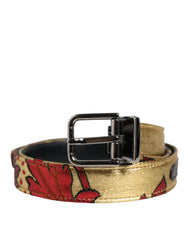 Dolce & Gabbana Gouden Bloemen Jacquard Zilverkleurige Metalen Gesp Riem