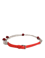Dolce & Gabbana Rode Leren Zilveren Ketting Bloemen Cintura Riem