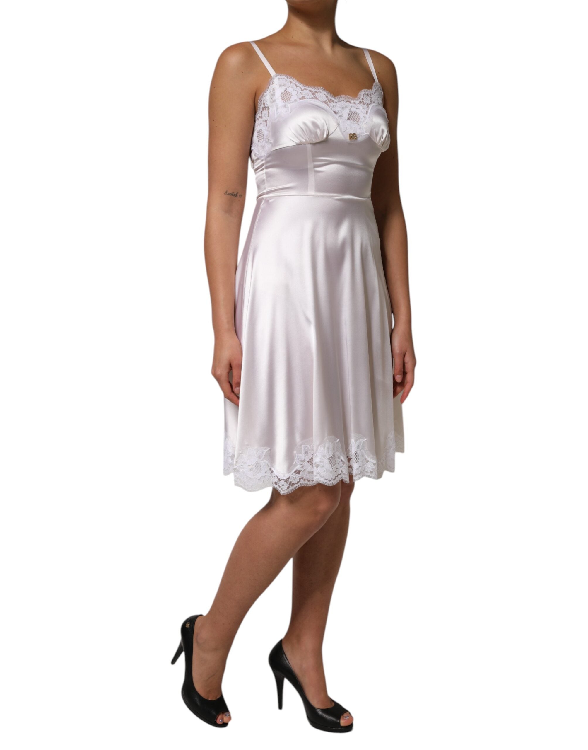 Dolce & Gabbana White Lace Gold DG Logo Silk Dress Sleepwear