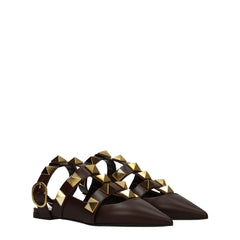 Valentino Garavani Bruine Leren Platte Sandalen