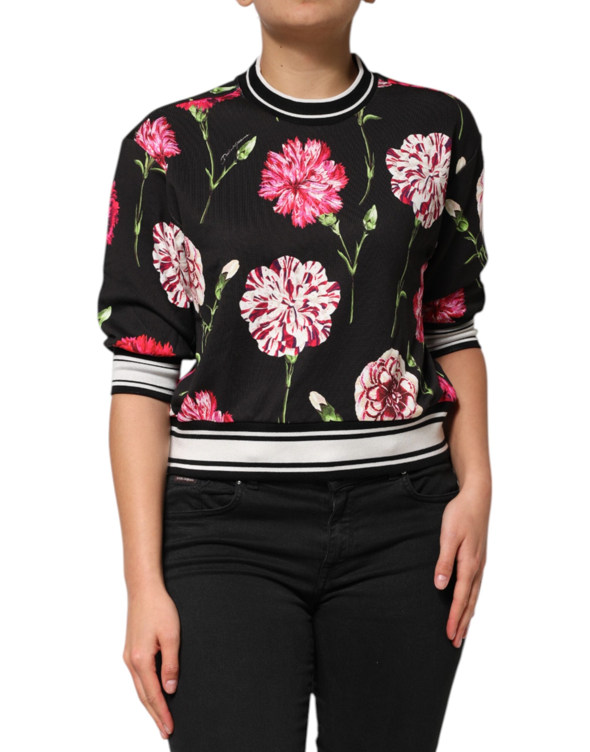 Dolce & Gabbana Schwarzes Baumwoll-Top mit Blumenmuster und kurzen Ärmeln