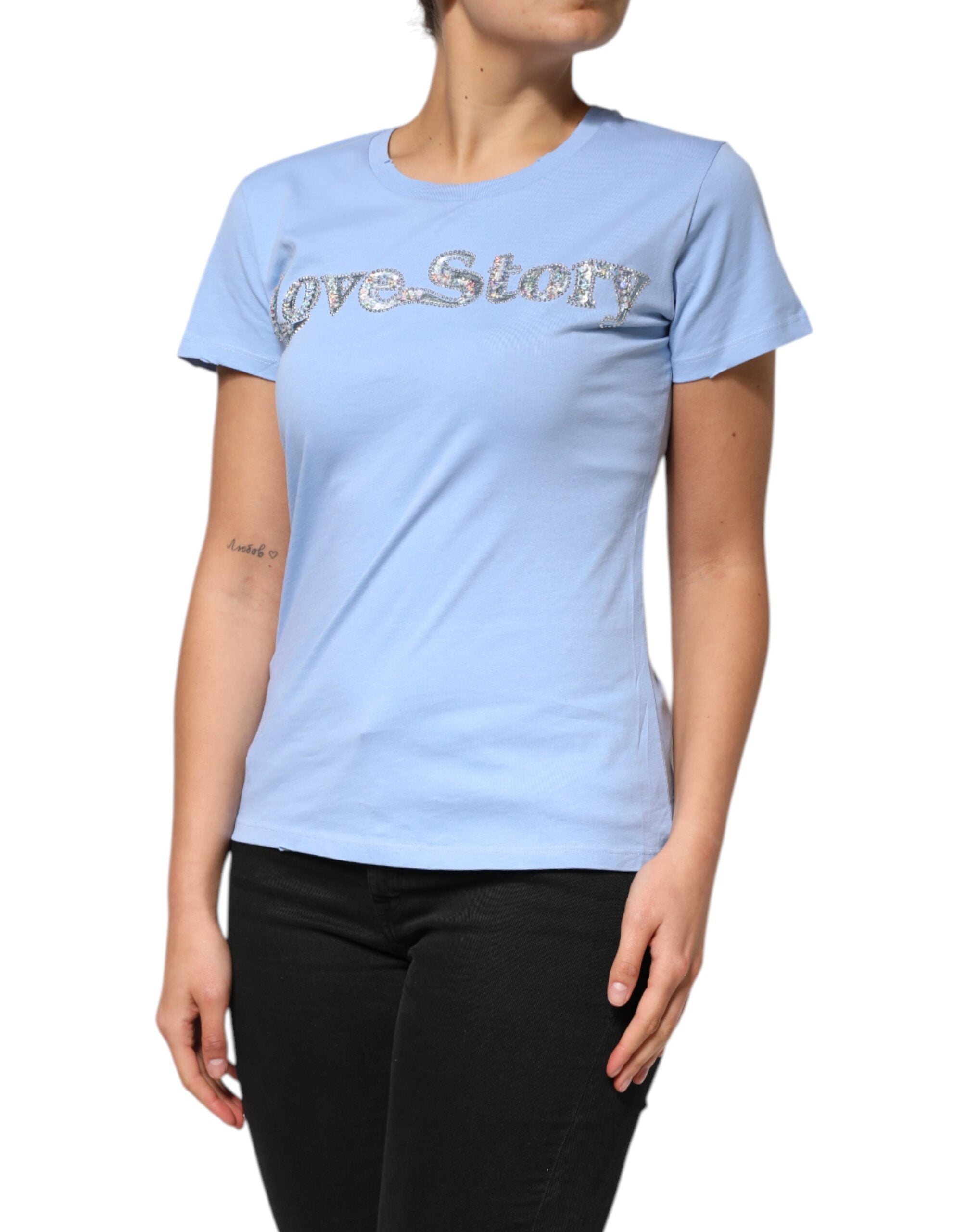 PINKO Blue Love Story Sequined Embellished Short Sleeves T-shirt