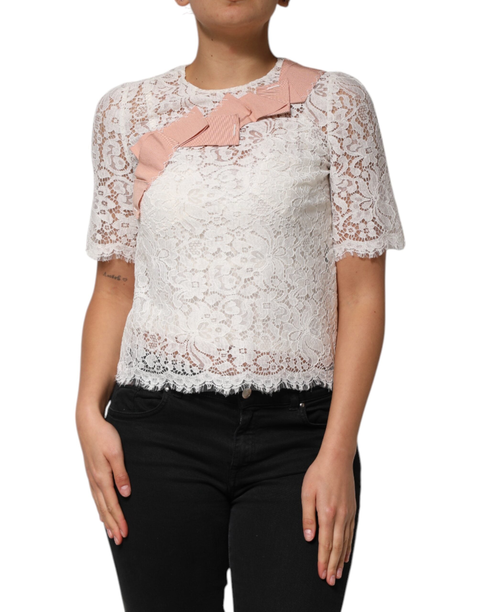 Dolce & Gabbana Weiße Bluse mit kurzen Ärmeln aus Blumen Spitze