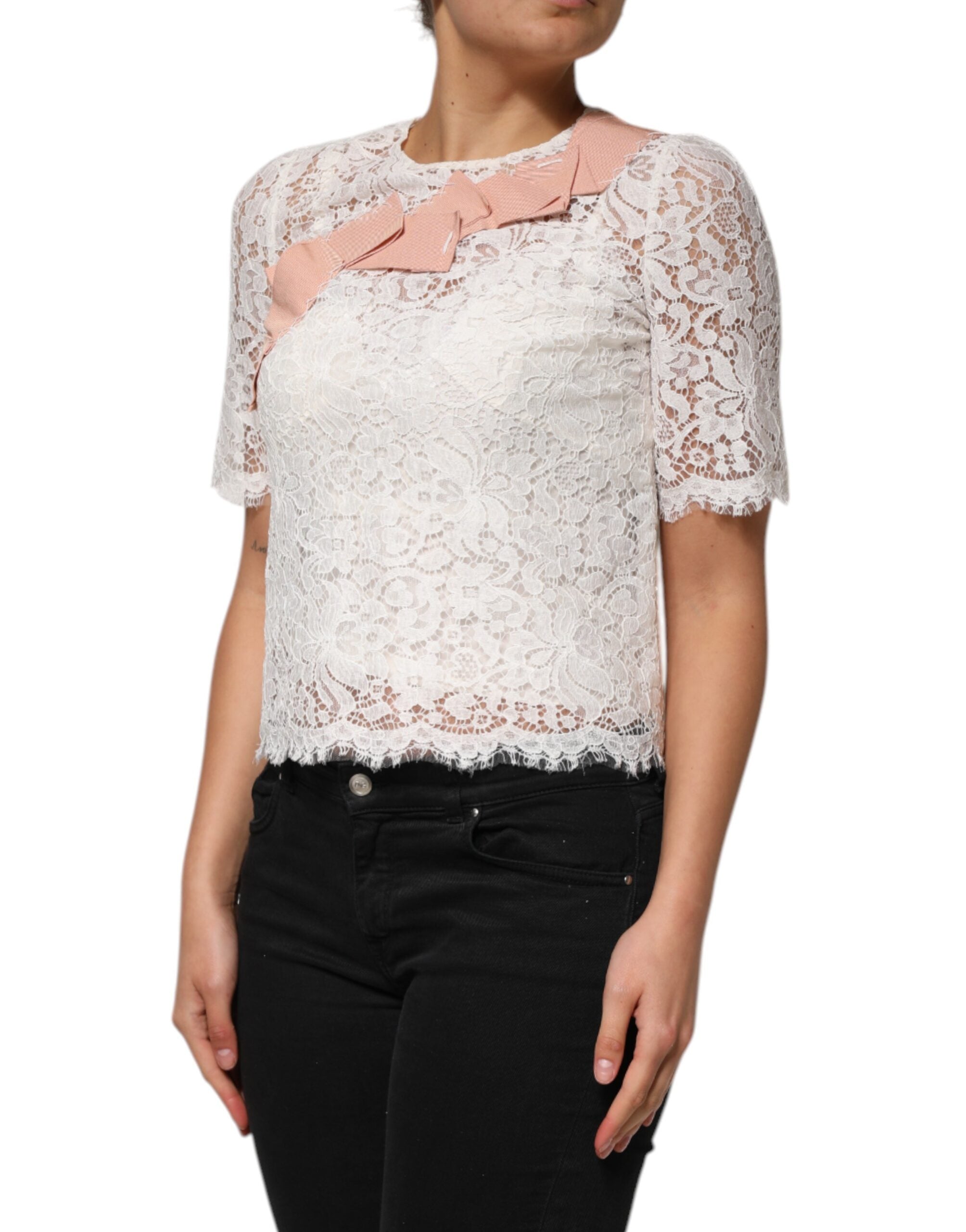 Dolce & Gabbana Weiße Bluse mit kurzen Ärmeln aus Blumen Spitze