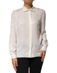 Dolce & Gabbana Witte Zijden Top met Lange Mouwen en Kraag