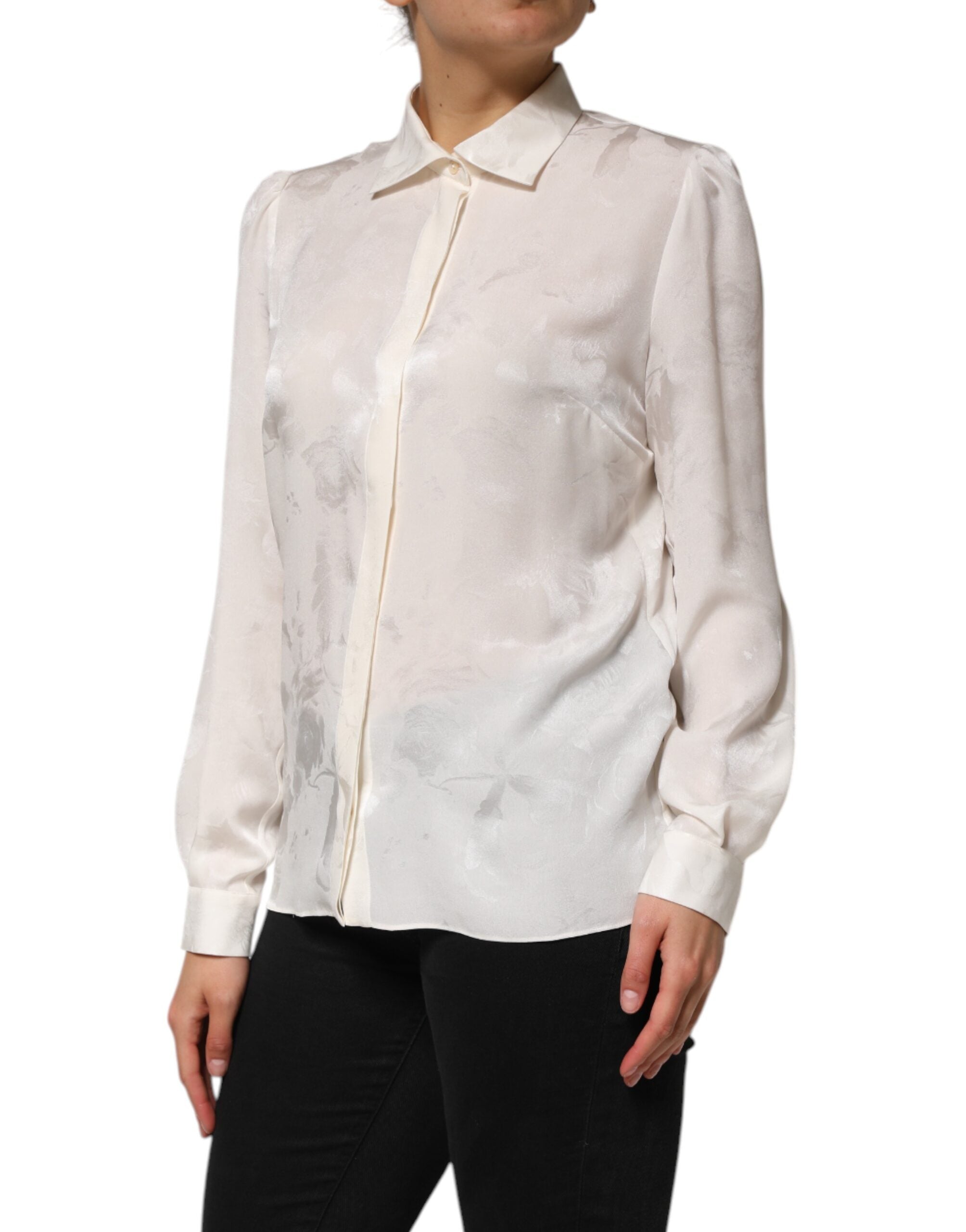 Dolce & Gabbana Witte Zijden Top met Lange Mouwen en Kraag