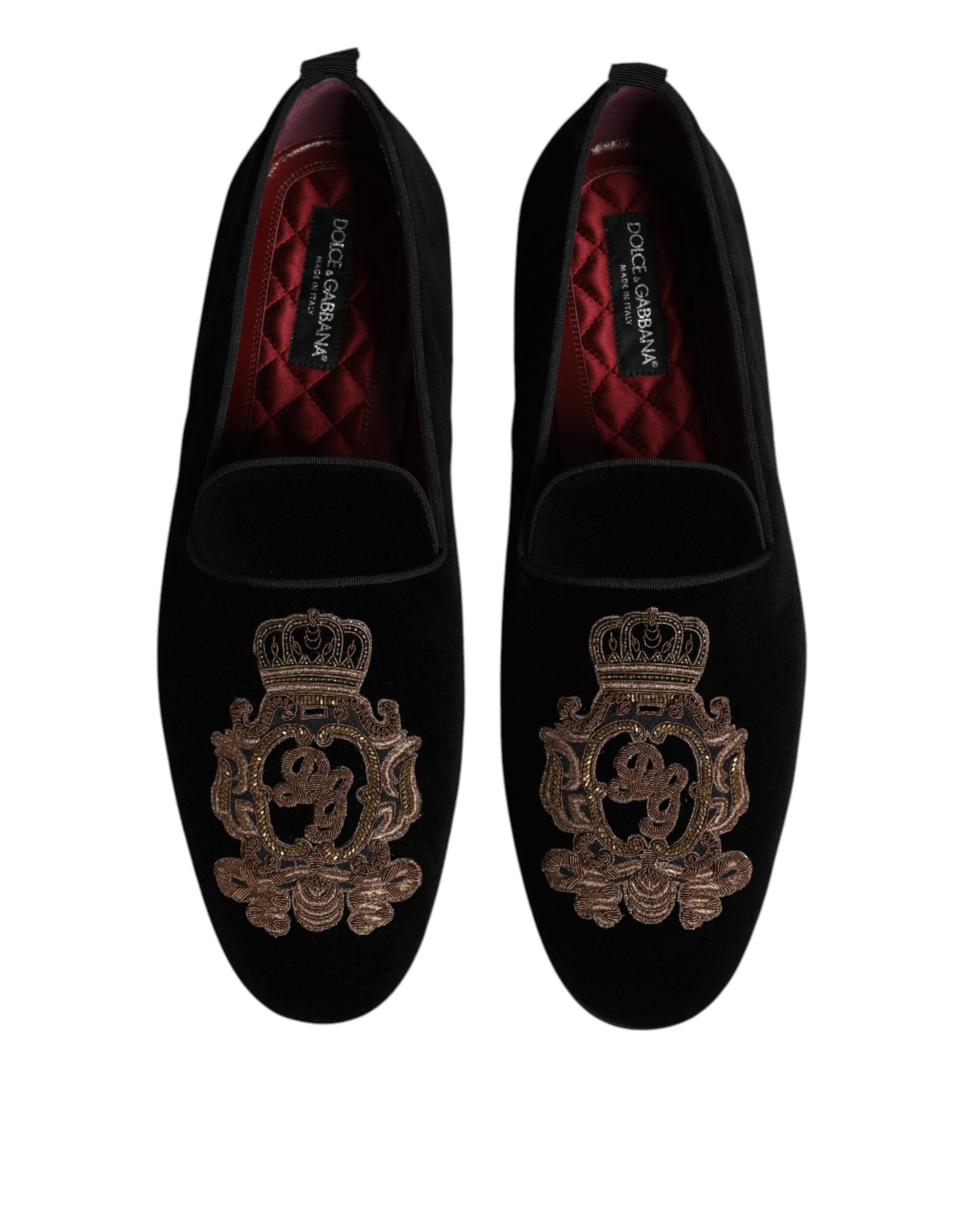 Dolce & Gabbana Schwarze Samt Goldkrone Herren Loafer Schuhe