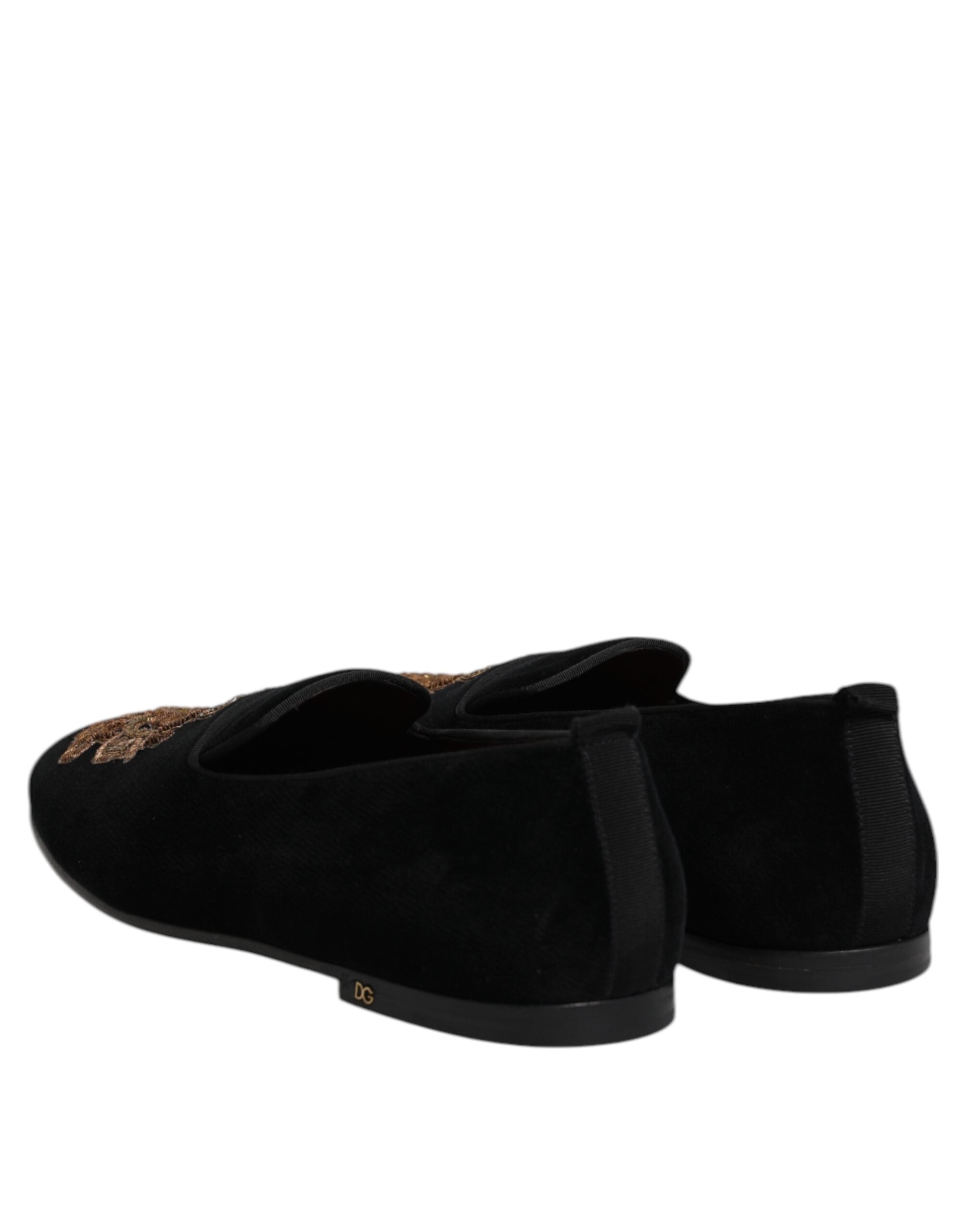 Dolce & Gabbana Schwarze Samt Goldkrone Herren Loafer Schuhe