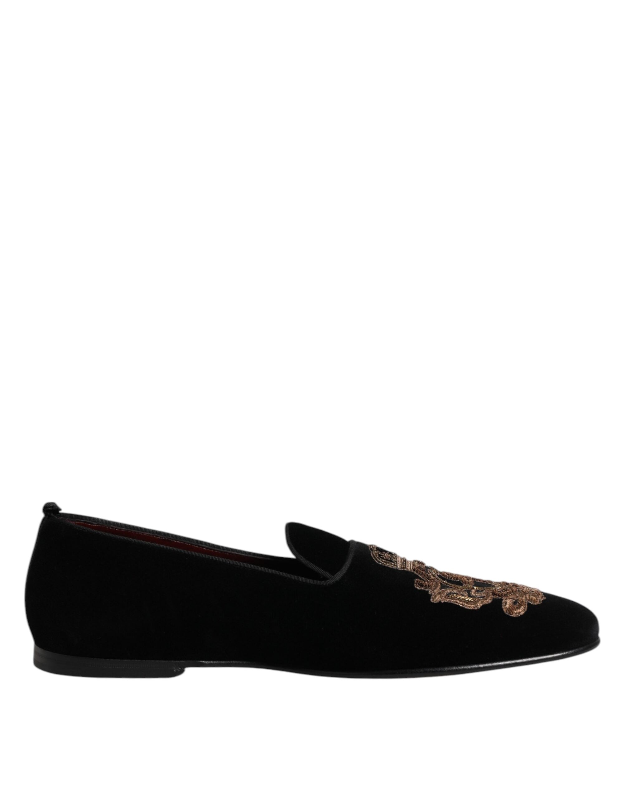 Dolce & Gabbana Schwarze Samt Goldkrone Herren Loafer Schuhe