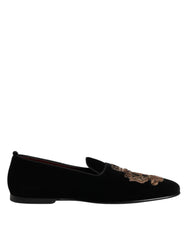 Dolce & Gabbana Schwarze Samt Goldkrone Herren Loafer Schuhe