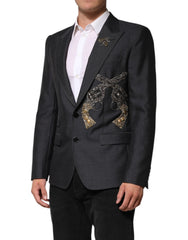 Dolce & Gabbana Donkergrijs Wol Blazer met Bijenborduurwerk