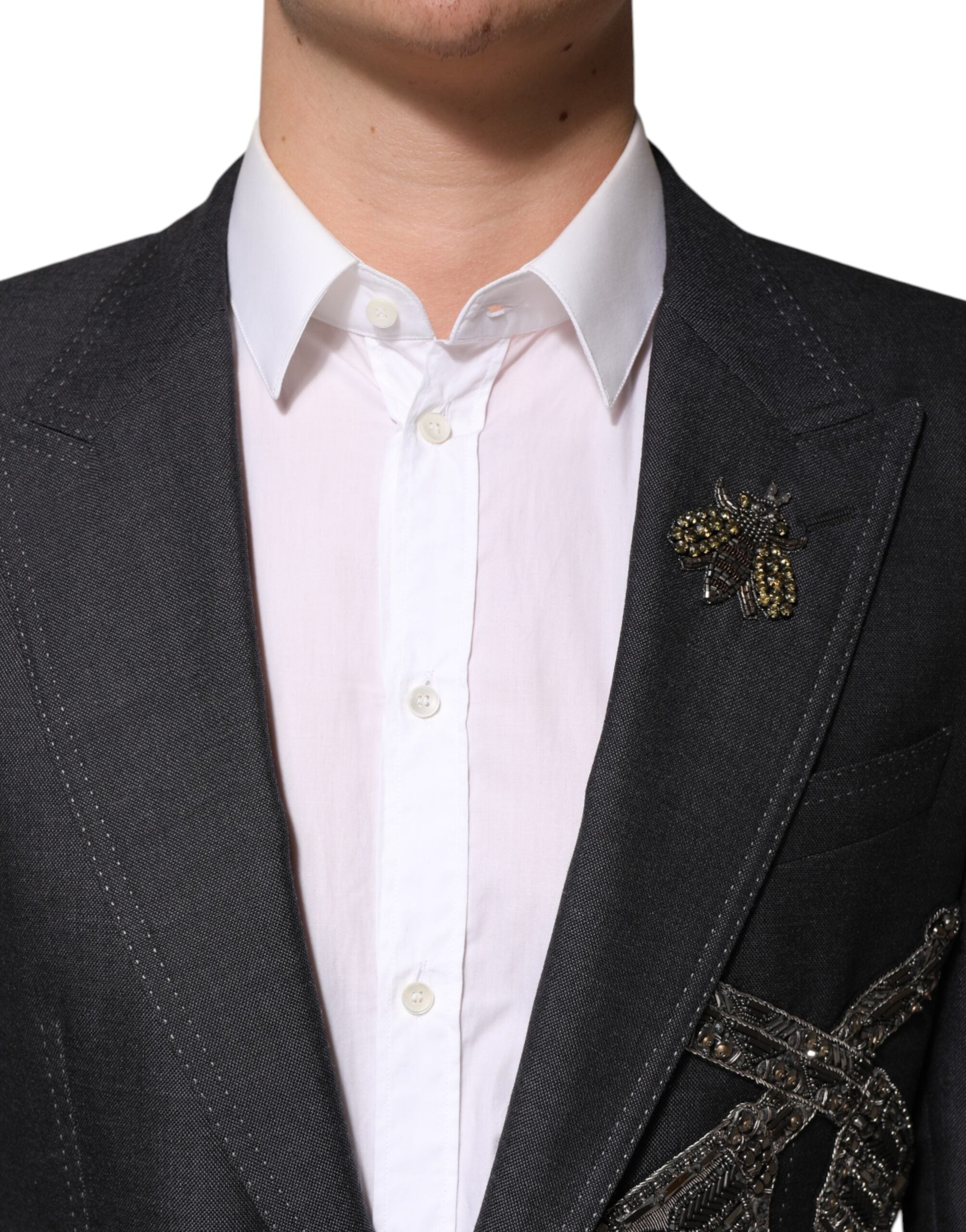 Dolce & Gabbana Donkergrijs Wol Blazer met Bijenborduurwerk