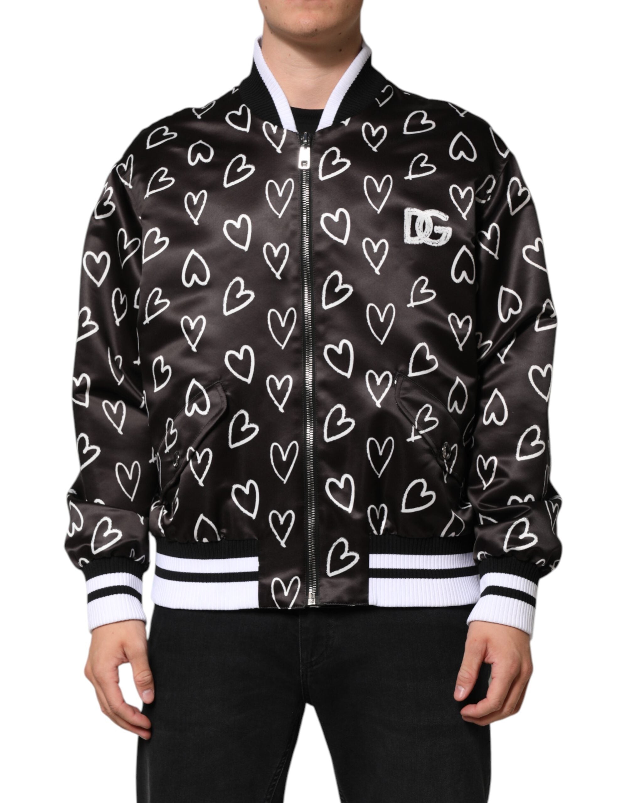 Dolce & Gabbana Zwart Polyester Bomberjack Met Hartjesprint