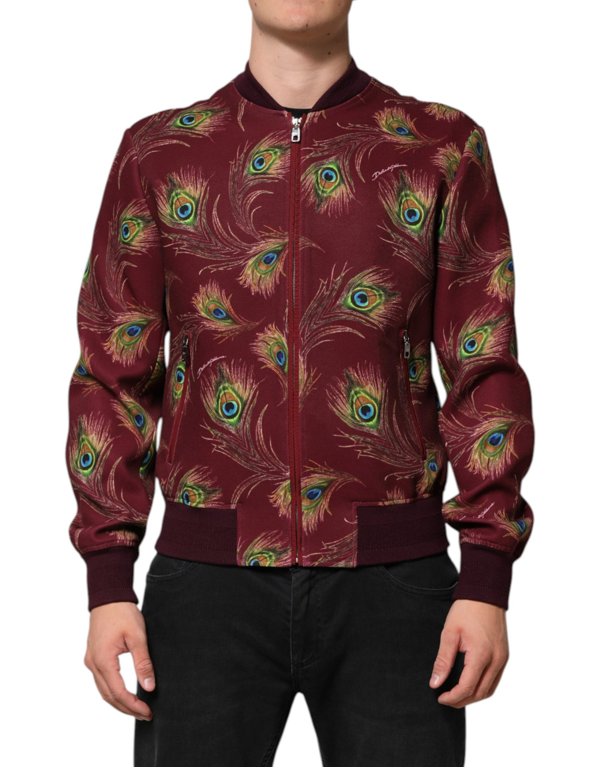 Dolce & Gabbana Bomberjacke mit Pfauenfederprint in Bordeaux