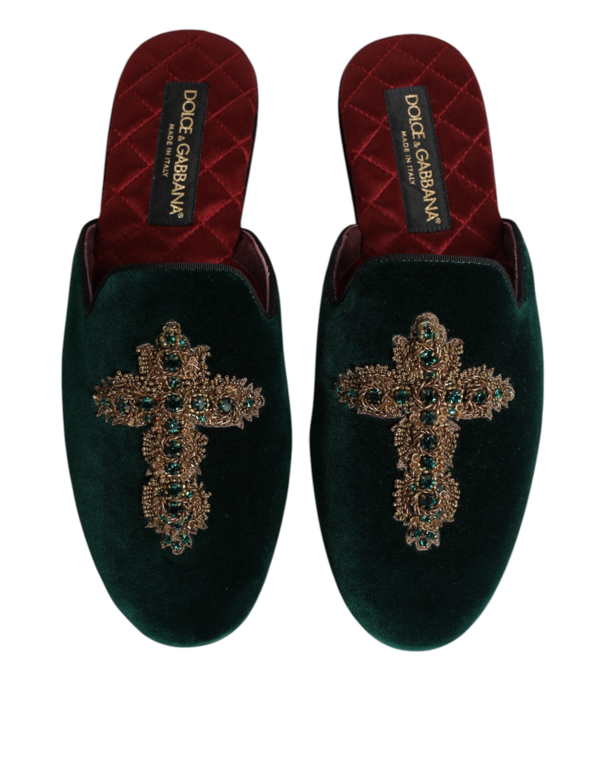 Dolce & Gabbana Grüne Samt Pantoffeln mit Kreuzverzierung