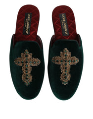 Dolce & Gabbana Grüne Samt Pantoffeln mit Kreuzverzierung