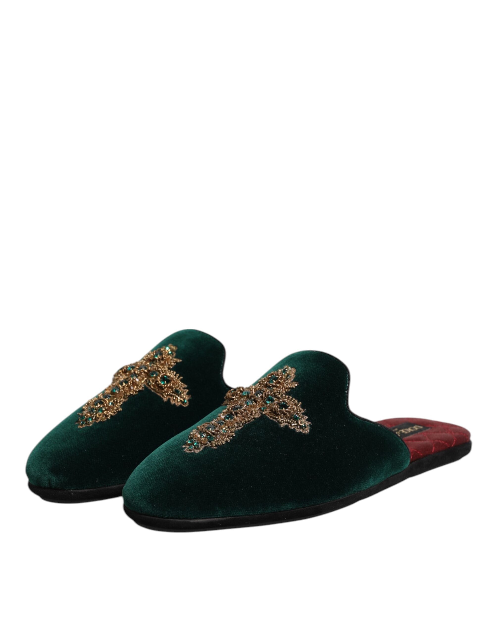 Dolce & Gabbana Grüne Samt Pantoffeln mit Kreuzverzierung