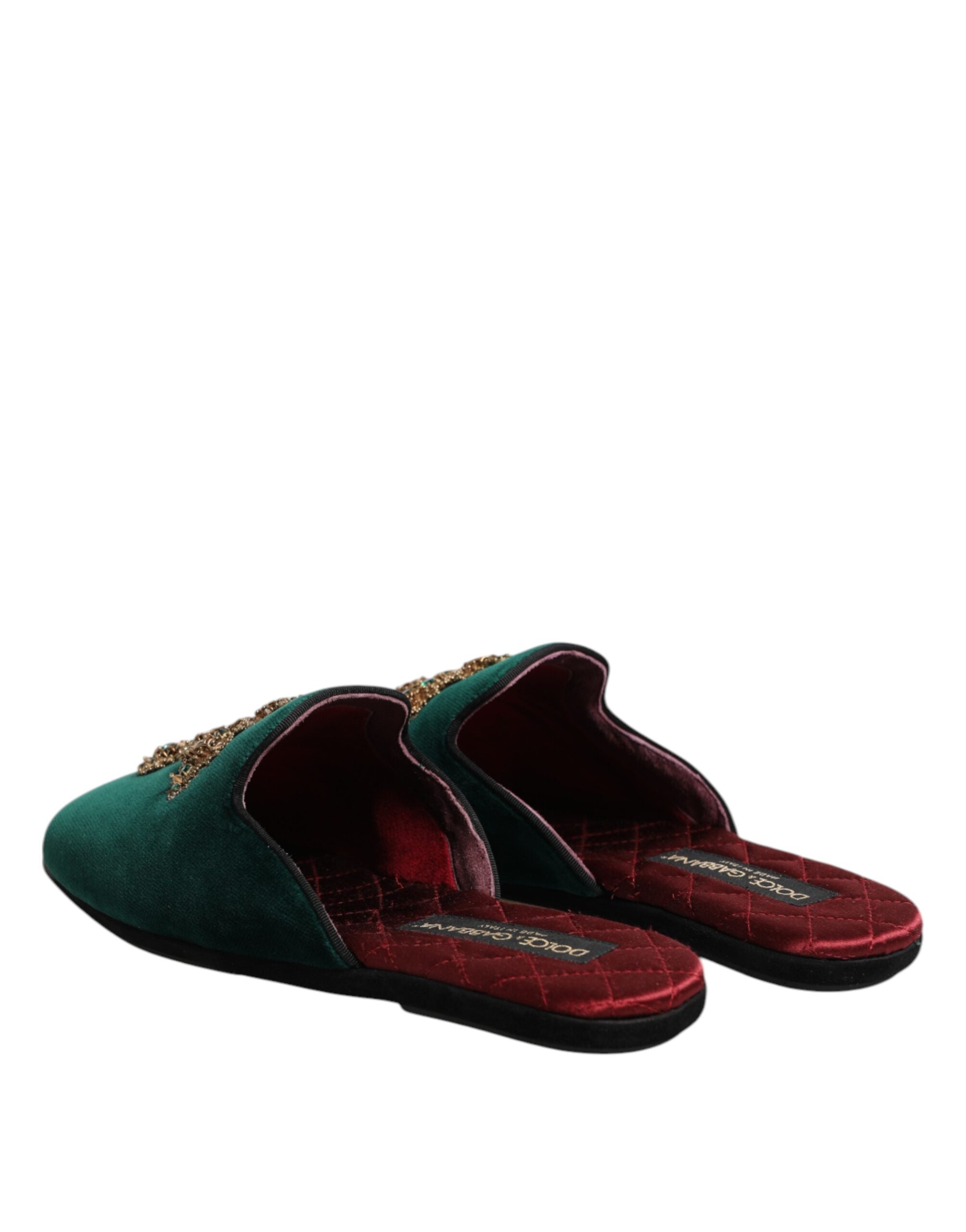 Dolce & Gabbana Grüne Samt Pantoffeln mit Kreuzverzierung