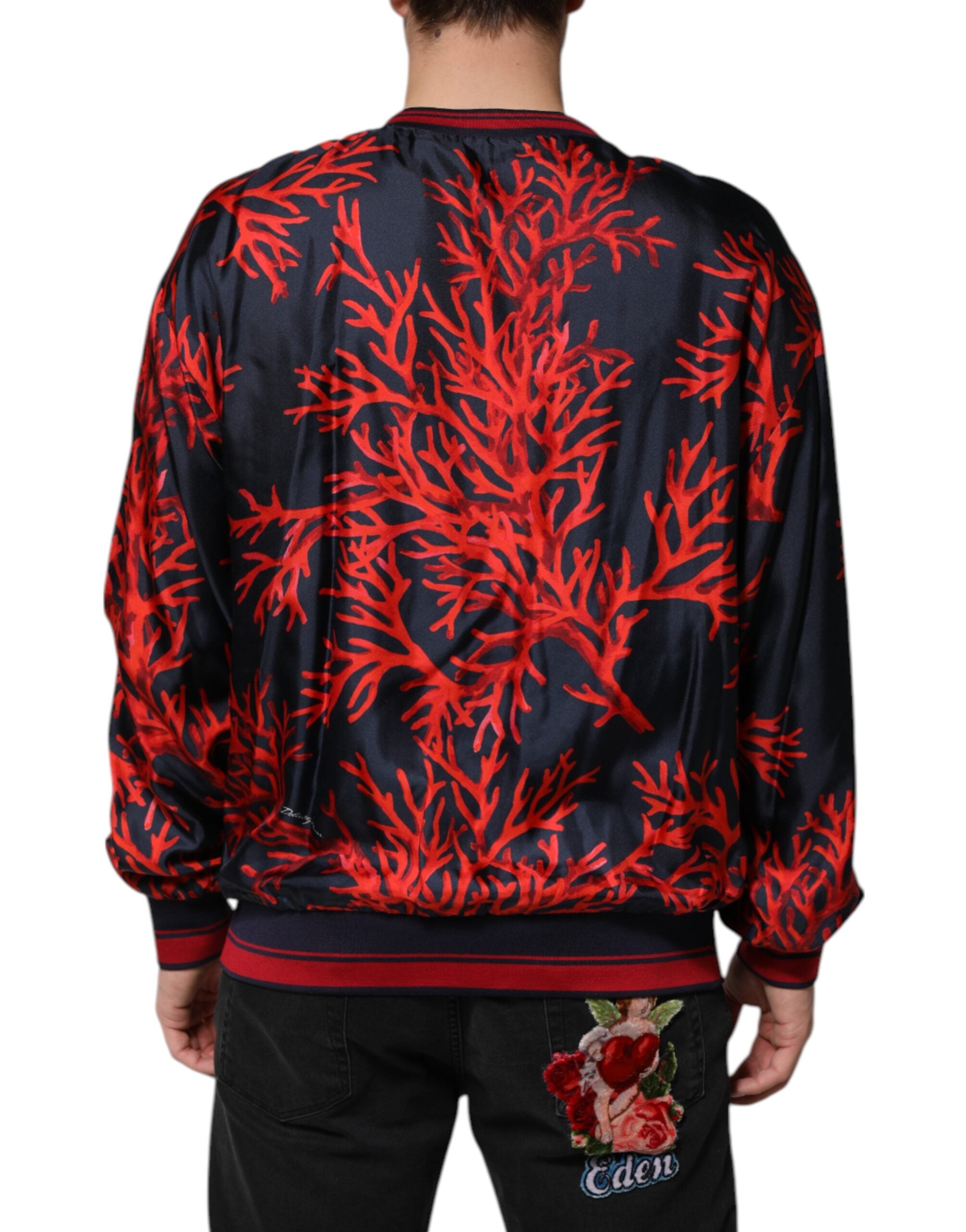 Dolce & Gabbana Navy Rode Zijden Trui Met Koraalprint