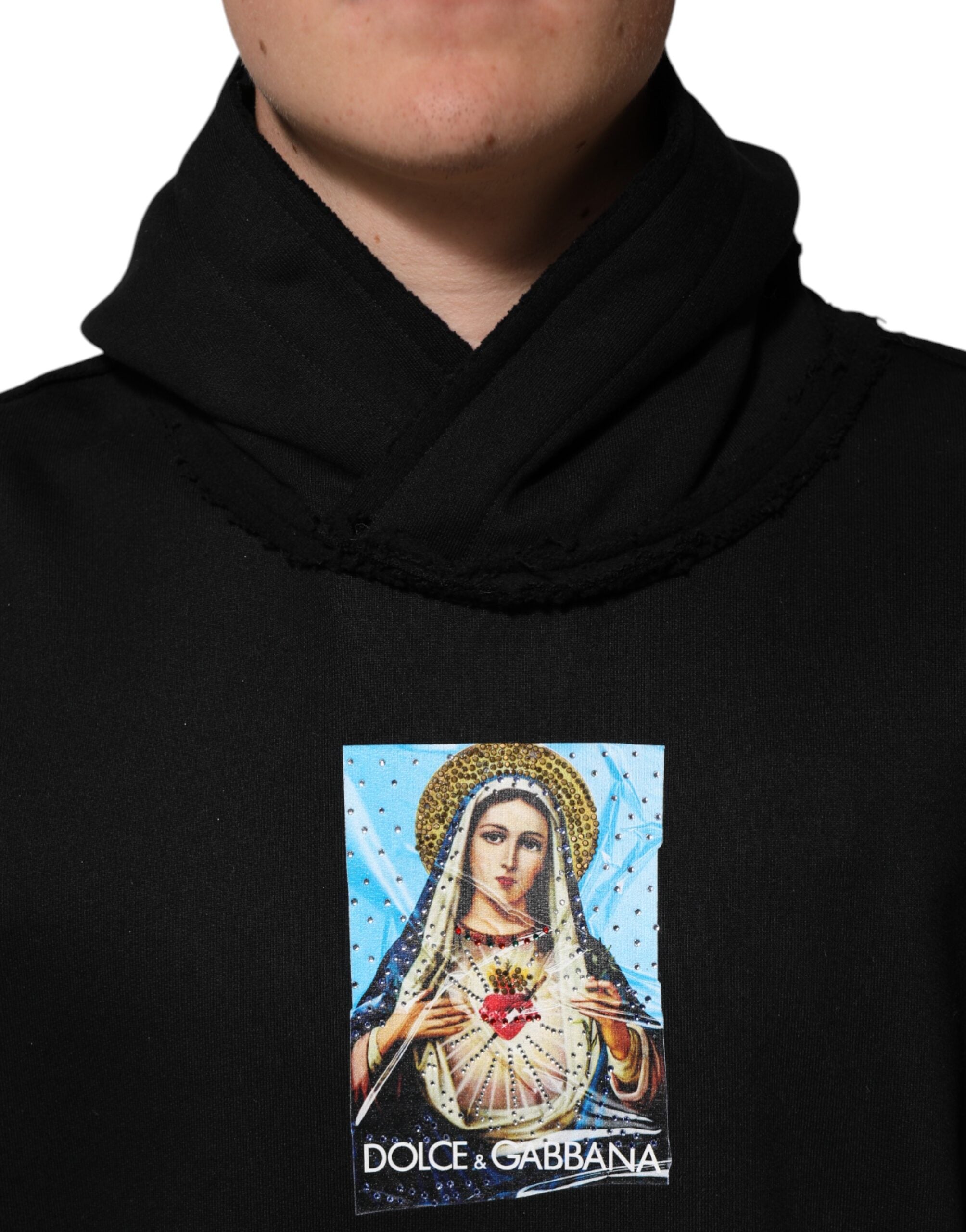 Dolce & Gabbana Schwarzer bedruckter Kapuzenpullover mit Kristallverzierung
