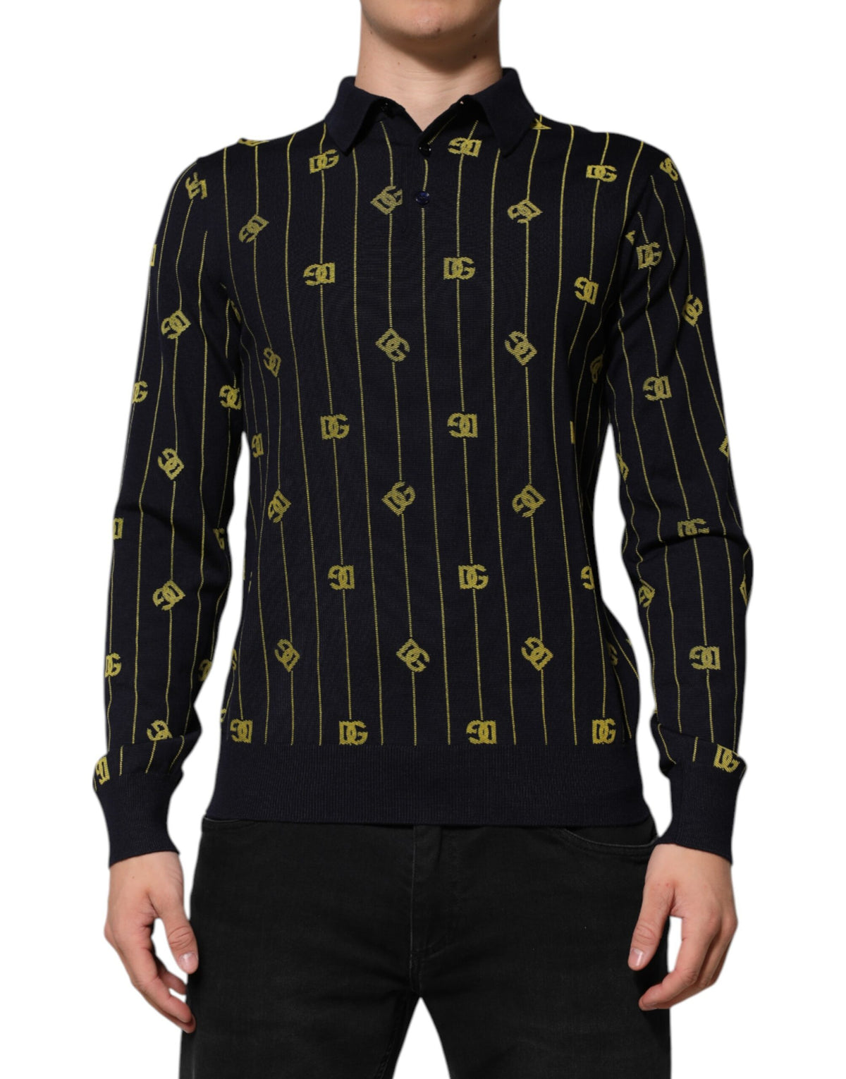 Dolce & Gabbana Schwarzes Polo-Shirt aus Logo-Jacquard-Strick