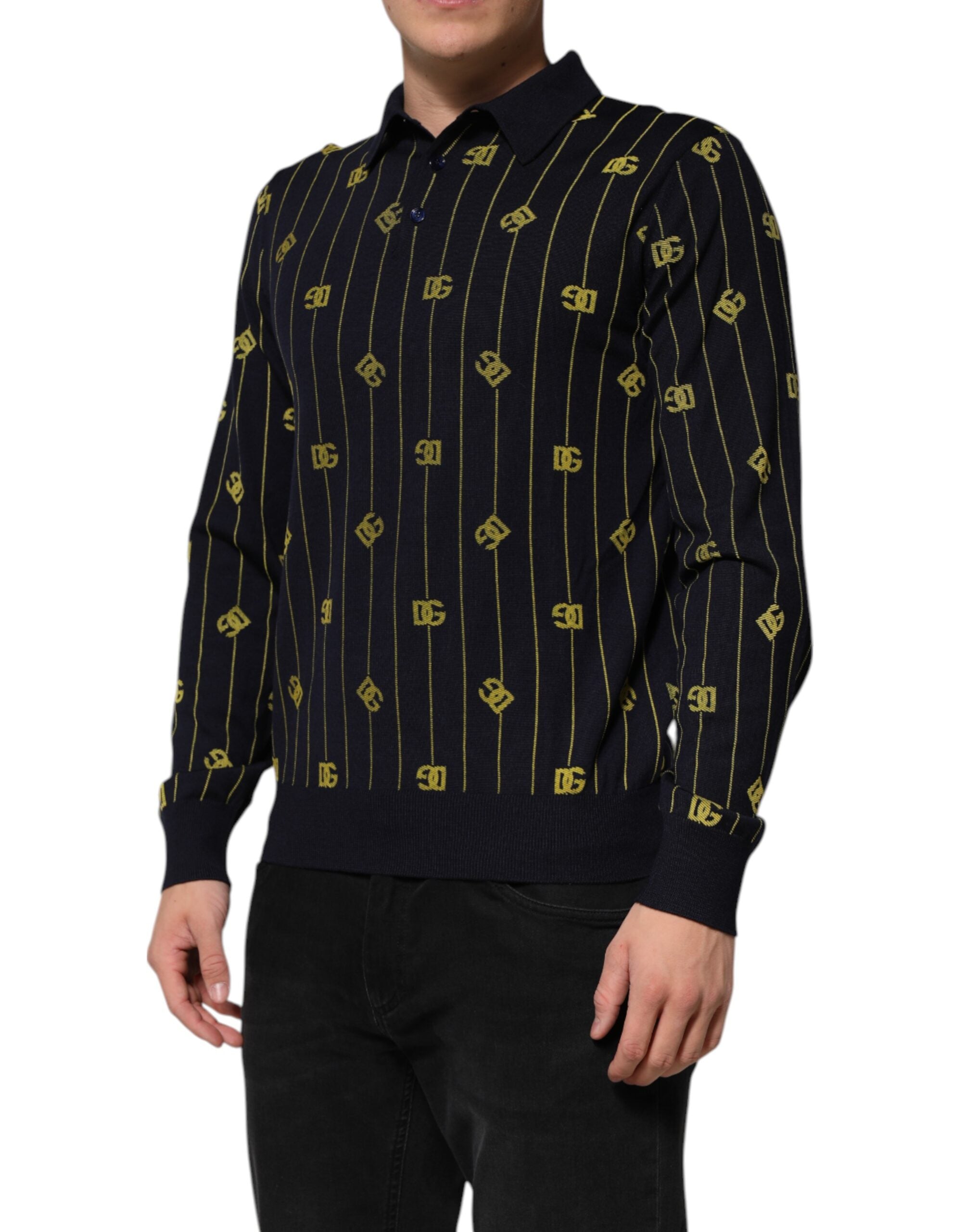 Dolce & Gabbana Schwarzes Polo-Shirt aus Logo-Jacquard-Strick