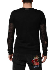 Dolce & Gabbana Schwarzes Leinen-Mesh zerrissenes Langarm-T-Shirt
