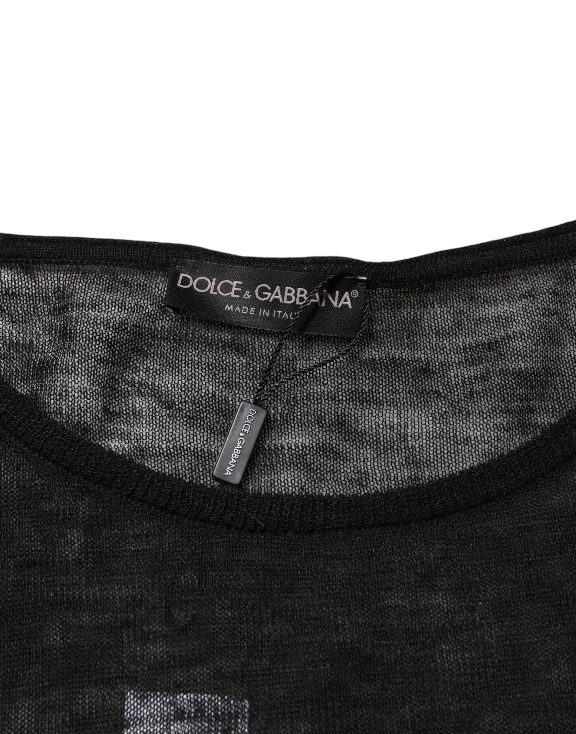 Dolce & Gabbana Schwarzes Leinen-Mesh zerrissenes Langarm-T-Shirt