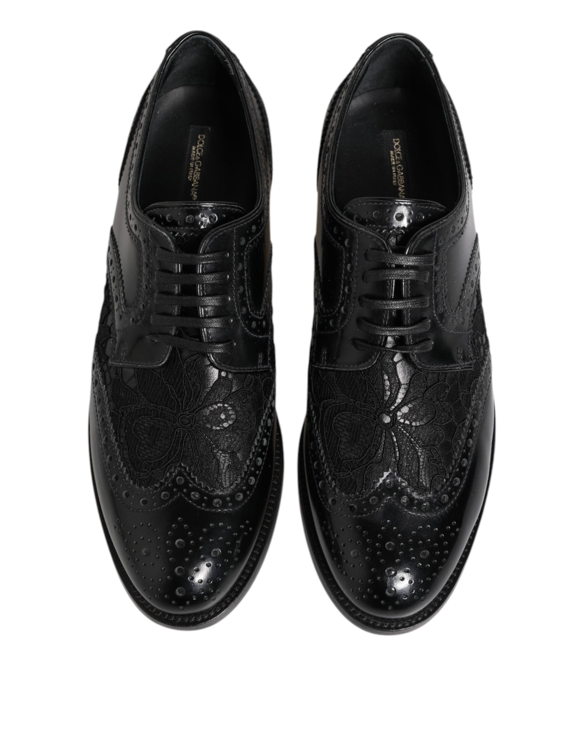 Dolce & Gabbana Schwarzes Leder Blumen-Spitzenkleid Formelle Schuhe
