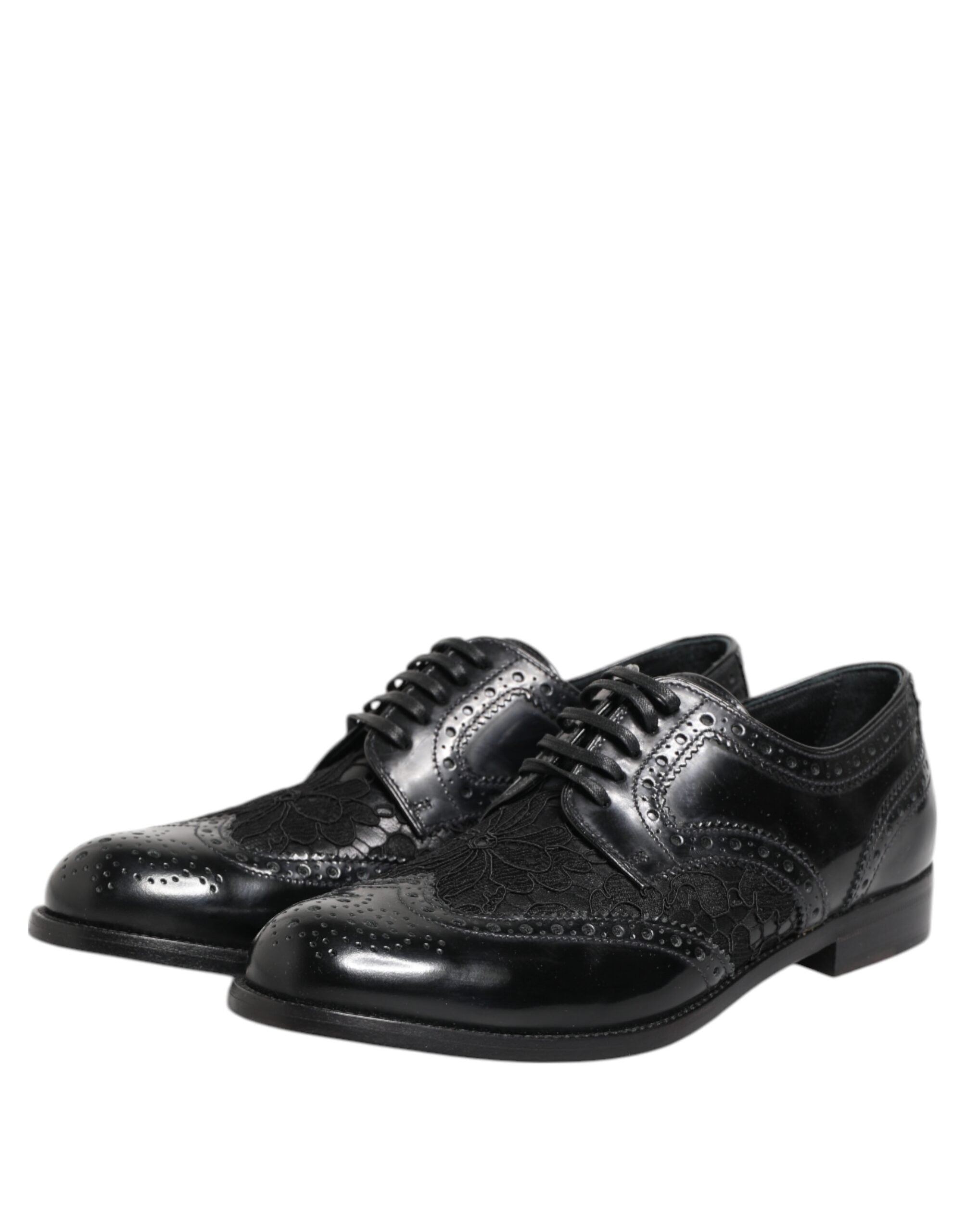 Dolce & Gabbana Schwarzes Leder Blumen-Spitzenkleid Formelle Schuhe
