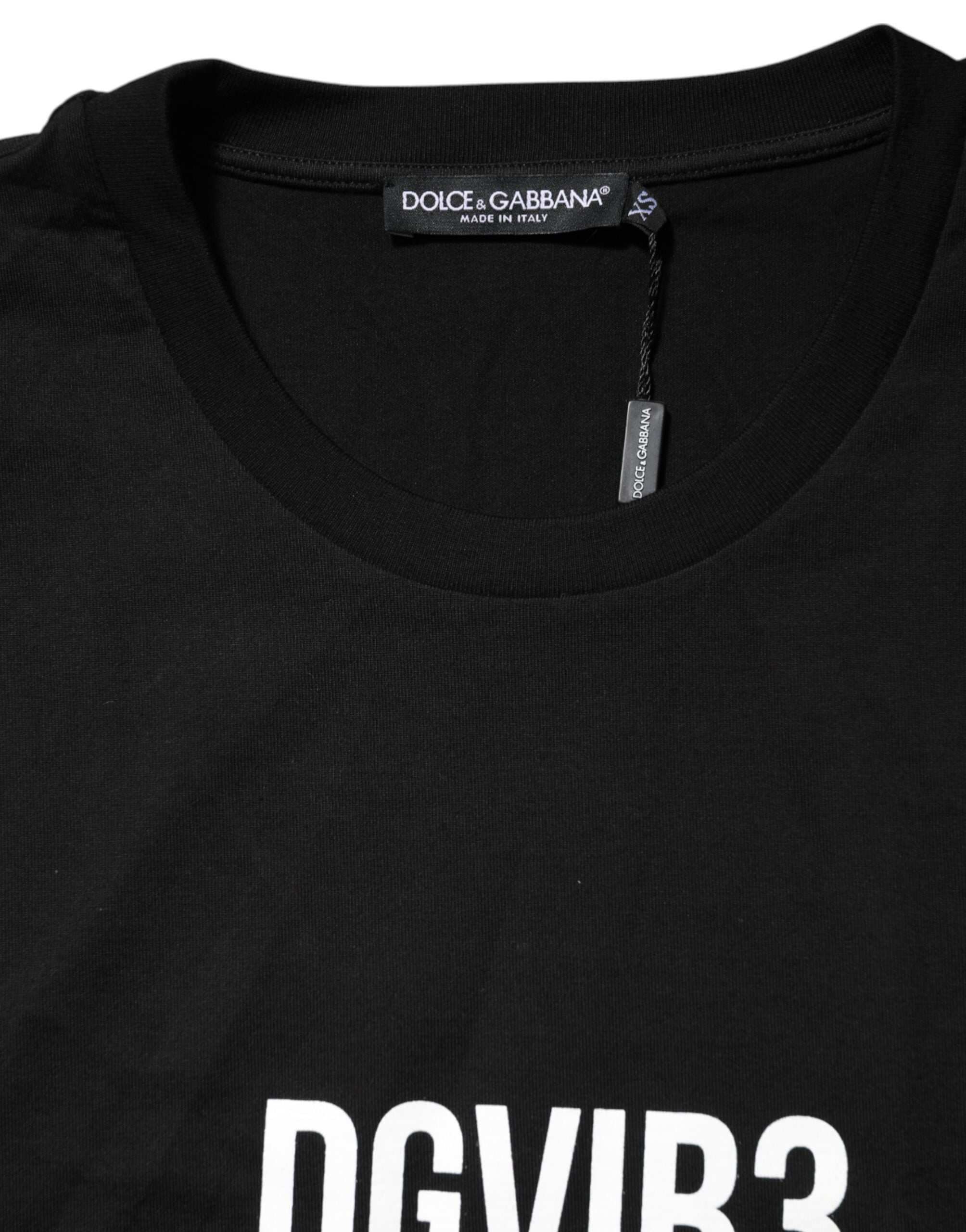 Dolce & Gabbana Schwarzes DG Vib3 bedrucktes Baumwoll-T-Shirt mit Rundhalsausschnitt