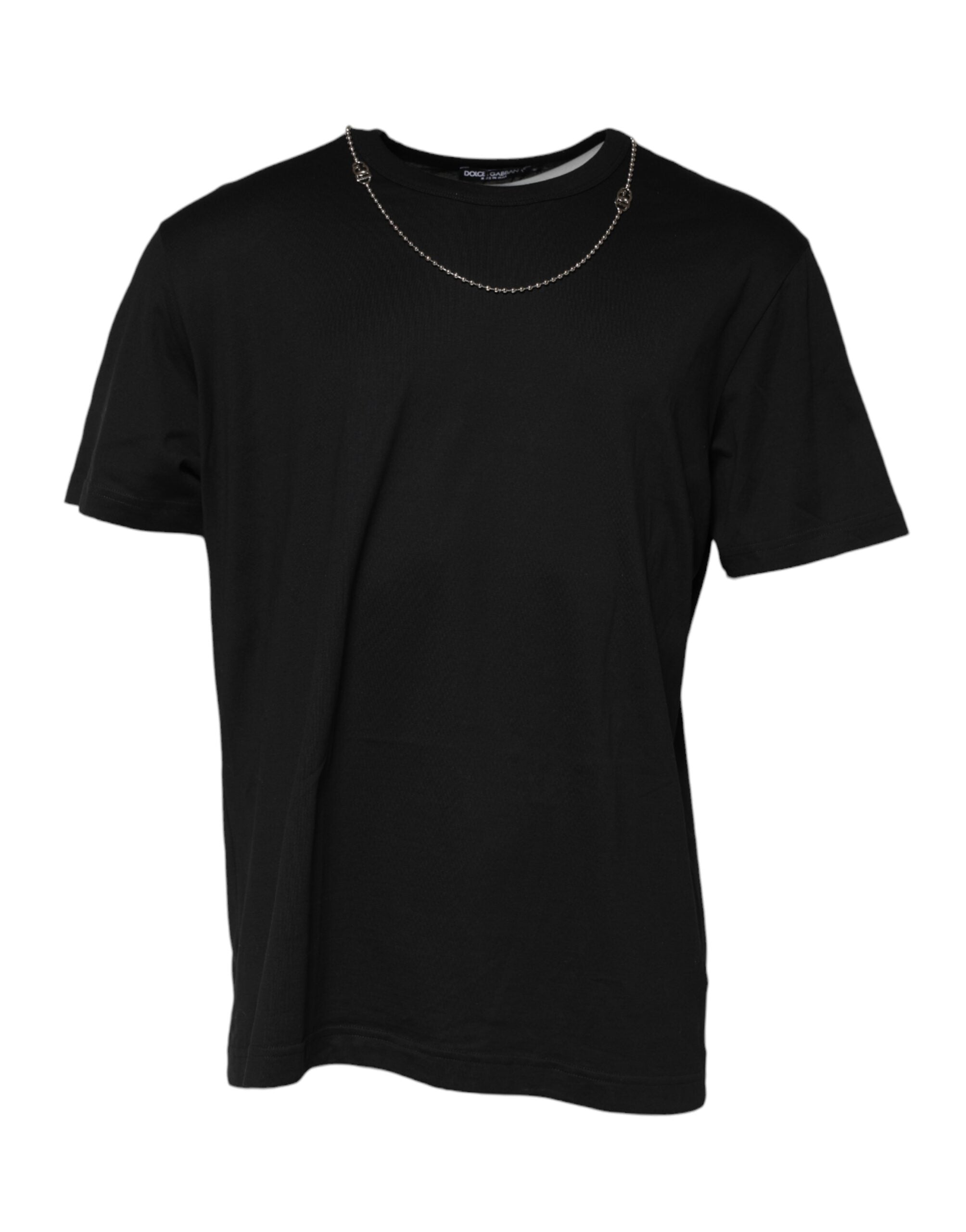 Dolce & Gabbana Schwarzes Baumwoll-T-Shirt mit Kettendetail am Halsausschnitt