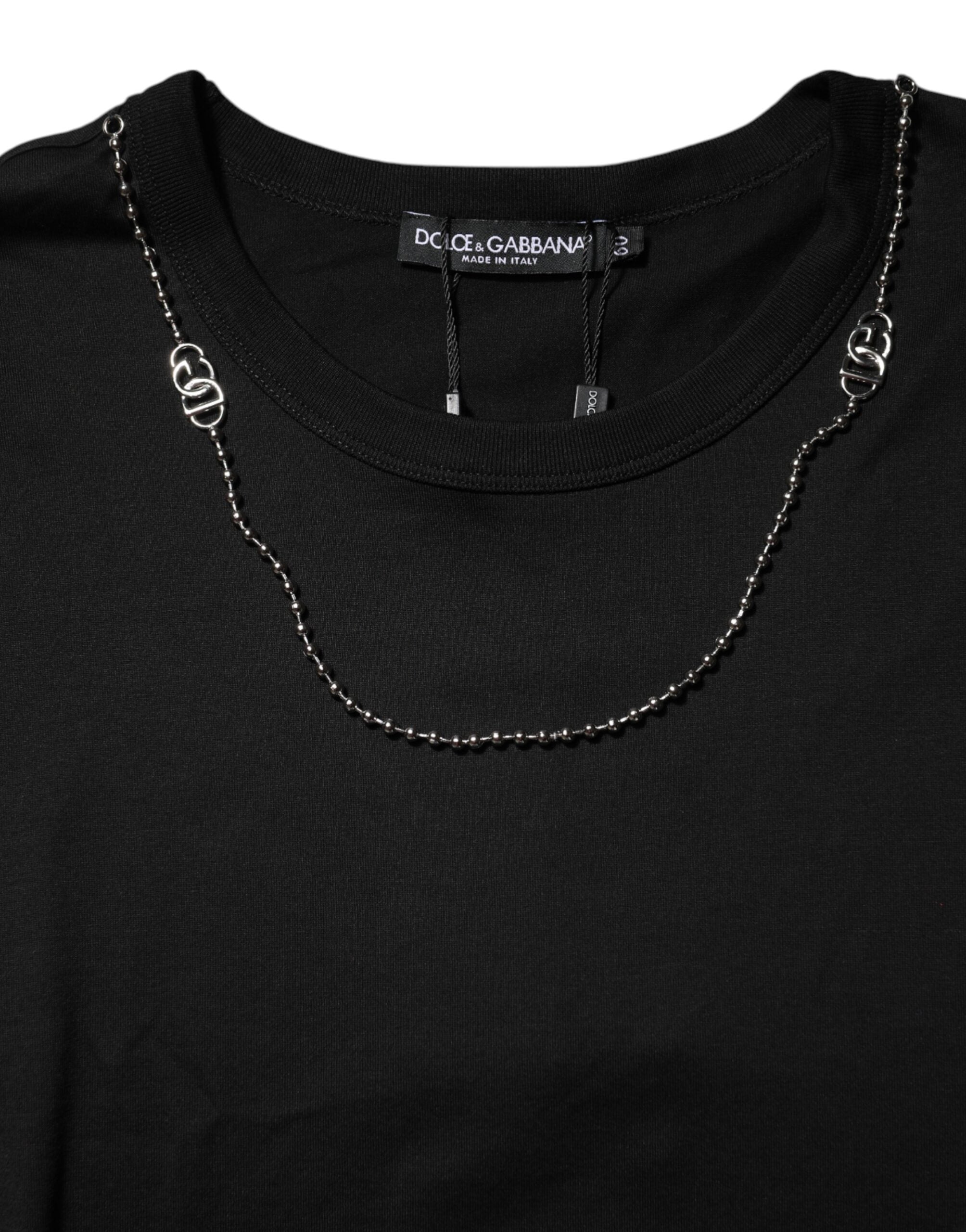 Dolce & Gabbana Schwarzes Baumwoll-T-Shirt mit Kettendetail am Halsausschnitt