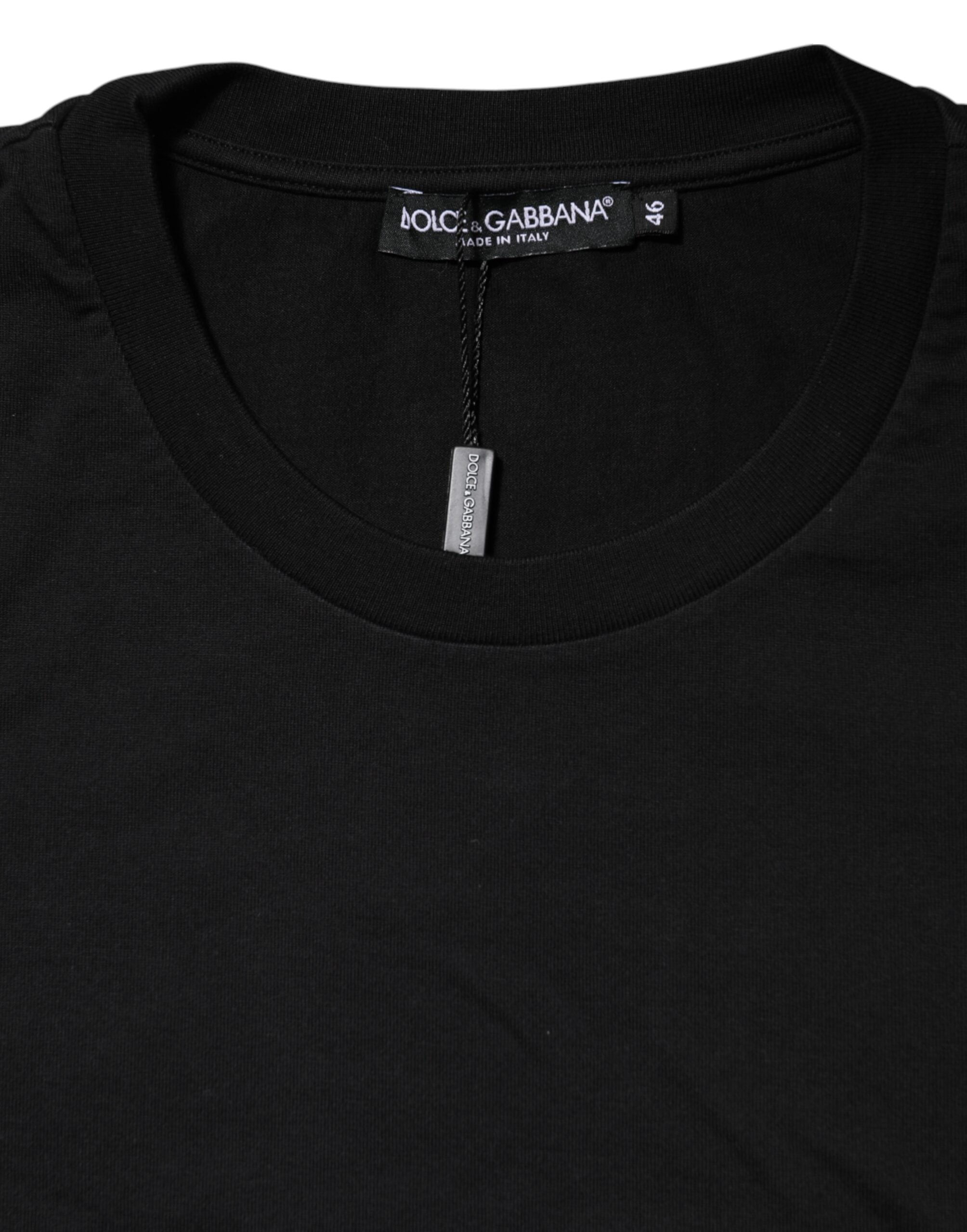 Dolce & Gabbana Schwarzes Baumwoll-Herren-Rundhals-T-Shirt mit Logo-Print