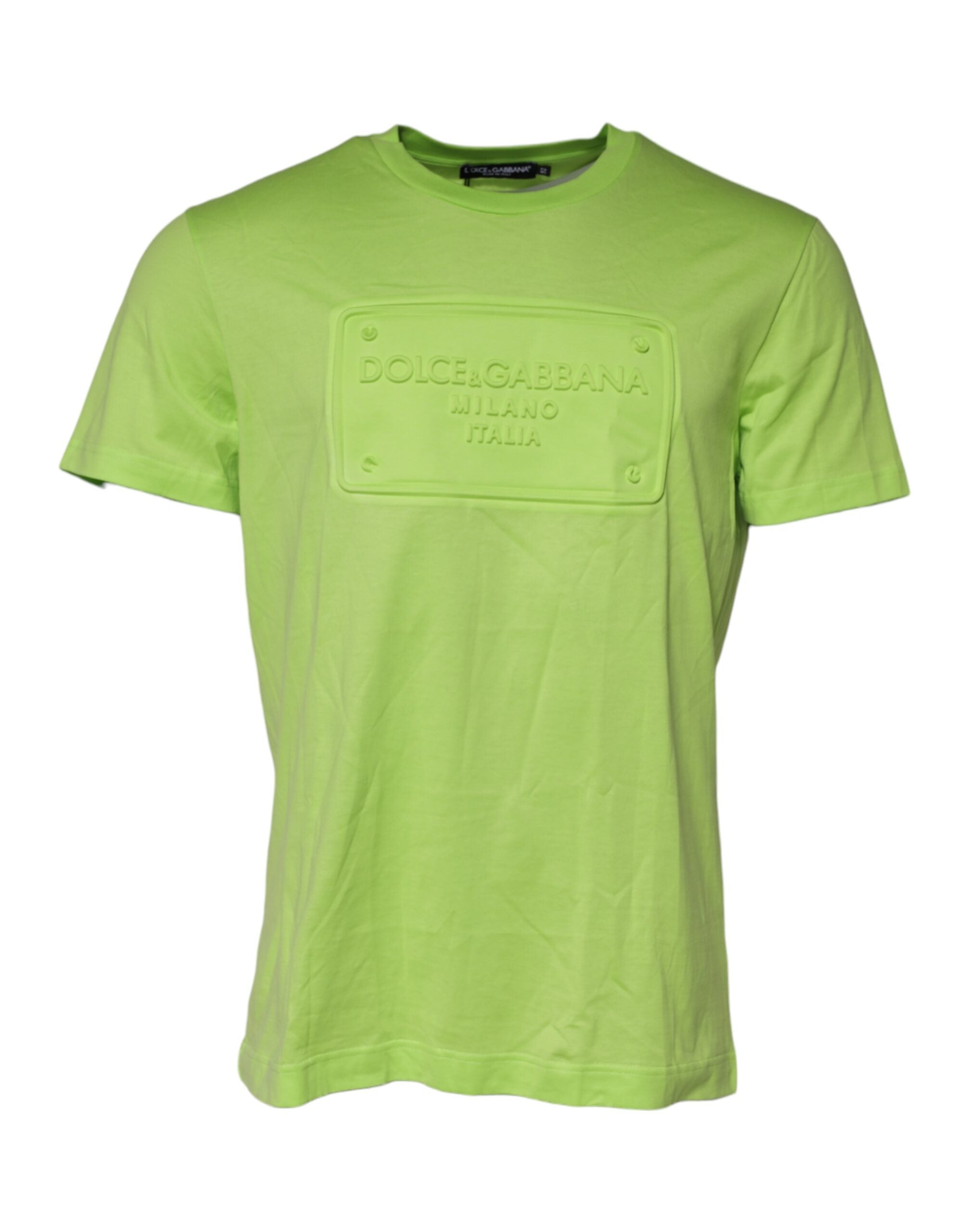 Dolce & Gabbana Grünes Baumwoll-T-Shirt mit geprägtem Logo und Rundhalsausschnitt