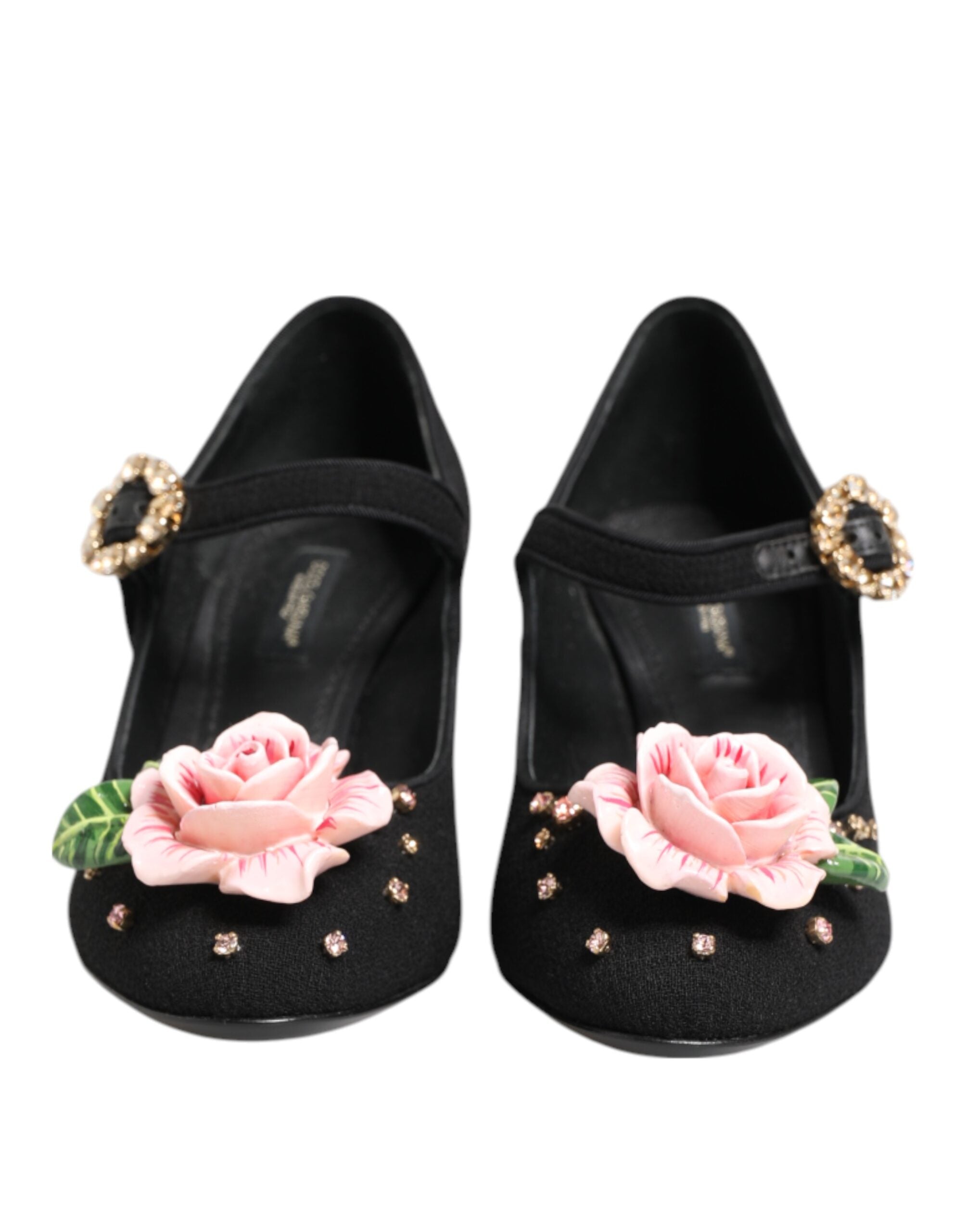 Dolce & Gabbana Schwarze Flower Mary Jane Schuhe mit Kristallverzierung