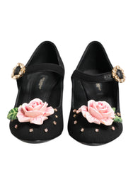 Dolce & Gabbana Schwarze Flower Mary Jane Schuhe mit Kristallverzierung