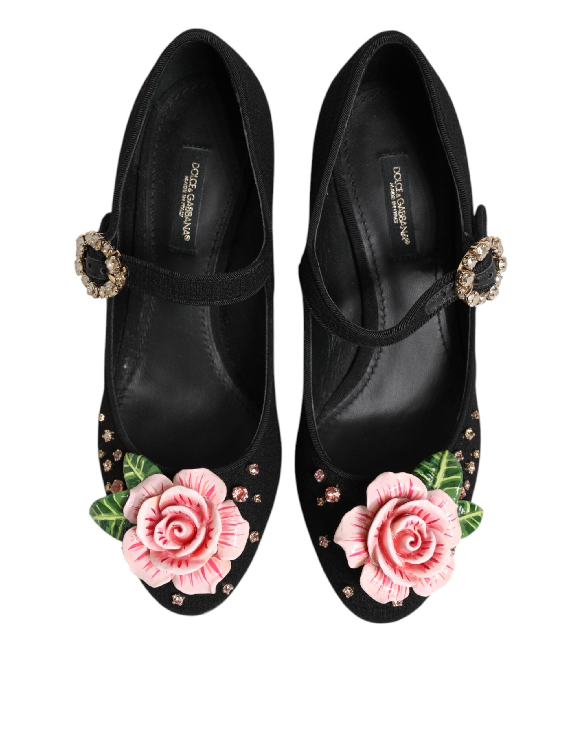 Dolce & Gabbana Schwarze Flower Mary Jane Schuhe mit Kristallverzierung