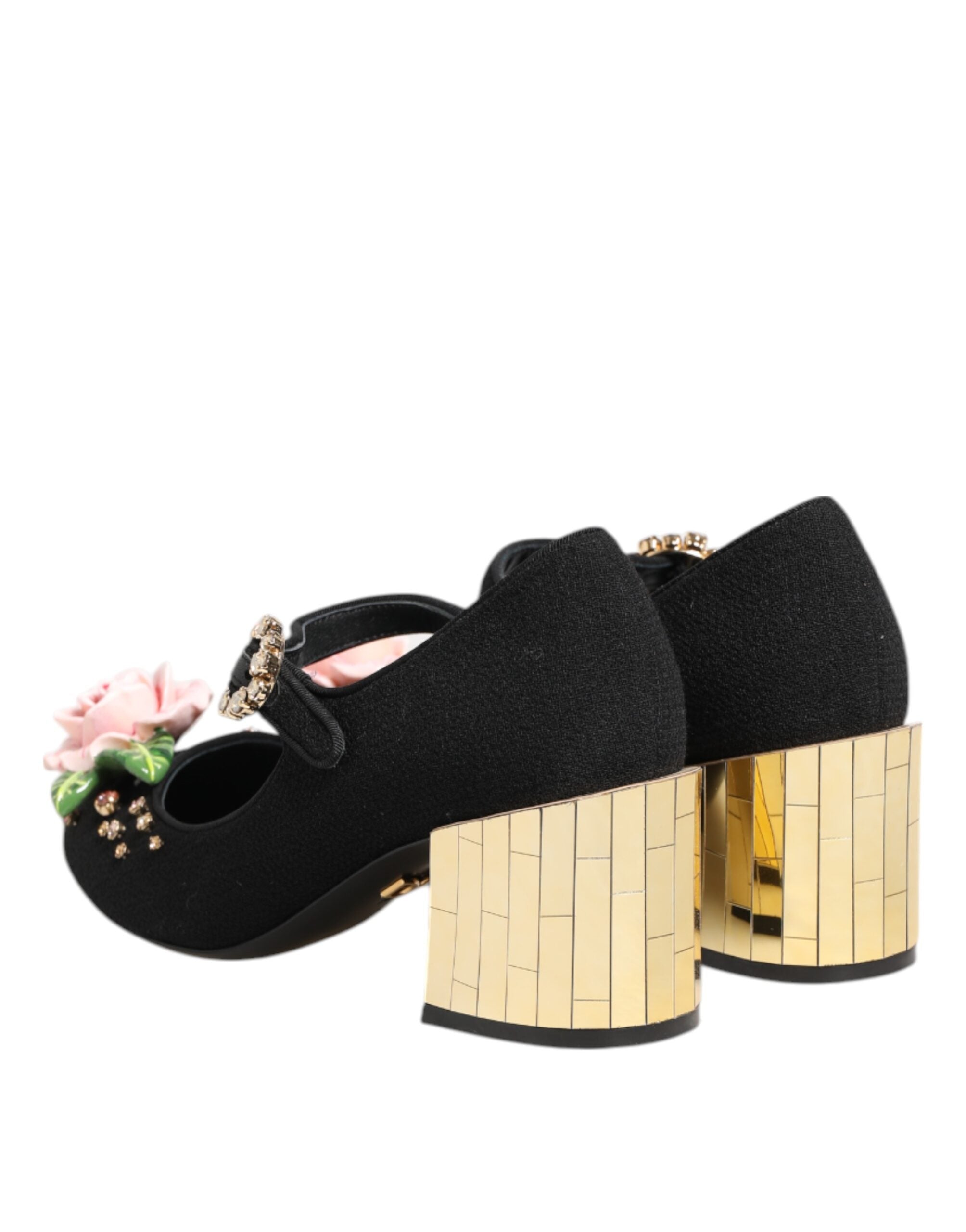 Dolce & Gabbana Schwarze Flower Mary Jane Schuhe mit Kristallverzierung