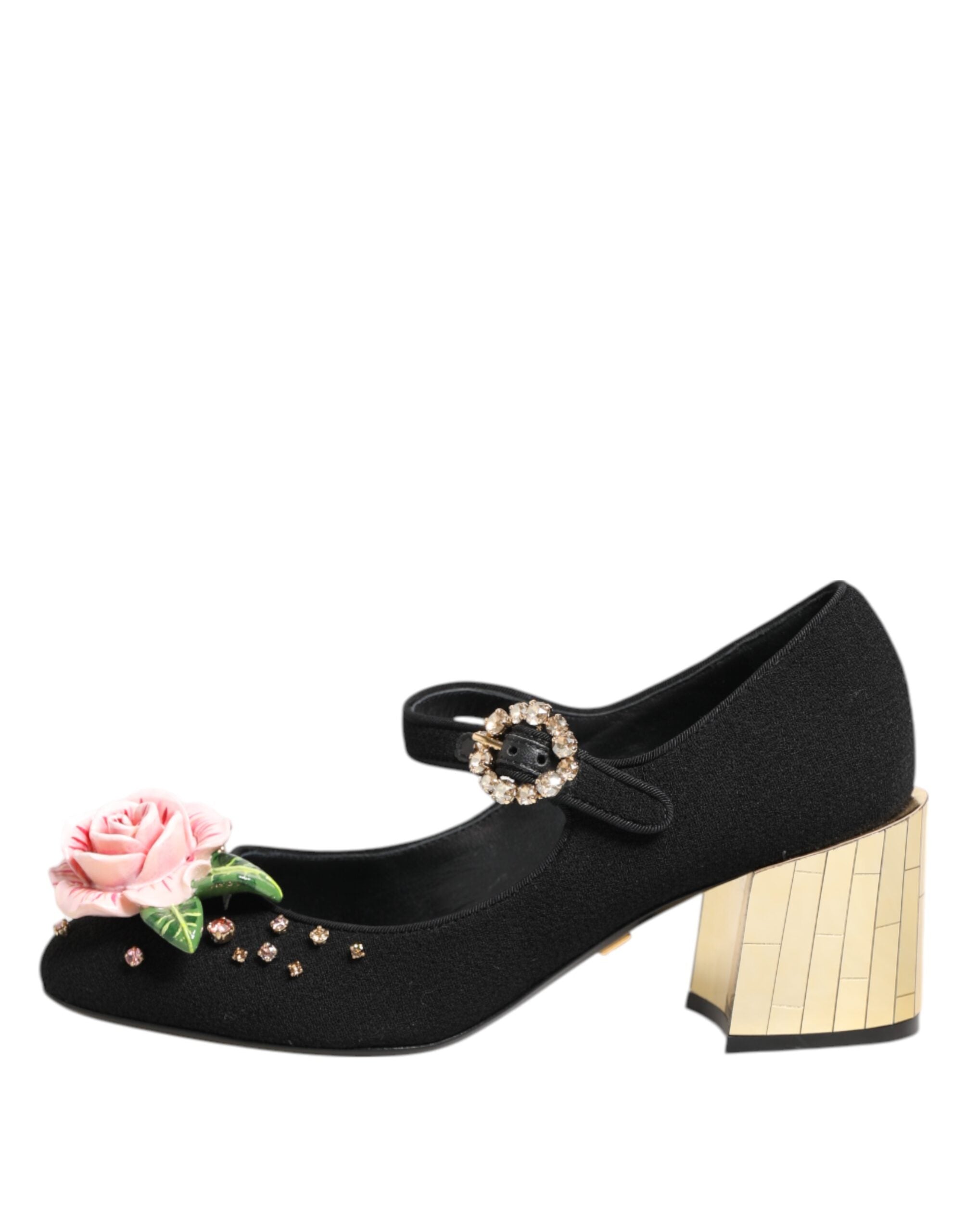 Dolce & Gabbana Schwarze Flower Mary Jane Schuhe mit Kristallverzierung