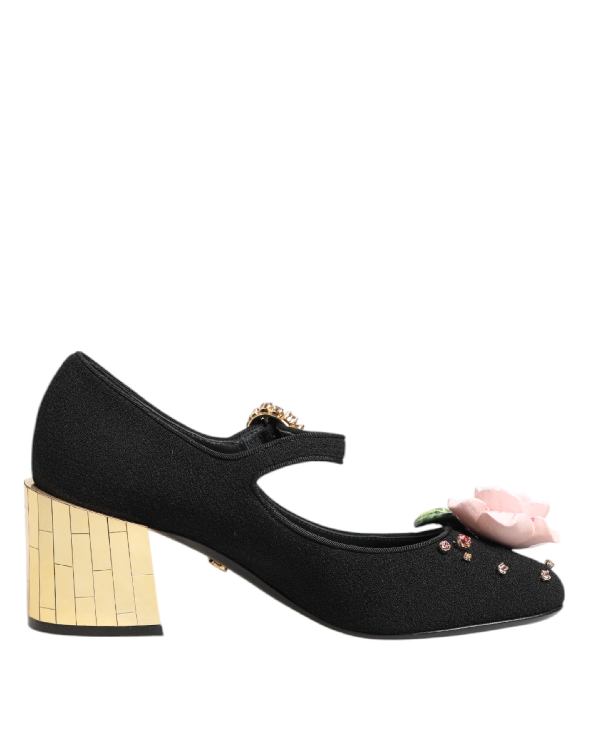 Dolce & Gabbana Schwarze Flower Mary Jane Schuhe mit Kristallverzierung
