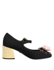 Dolce & Gabbana Schwarze Flower Mary Jane Schuhe mit Kristallverzierung