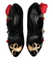 Dolce & Gabbana Schwarze Rosen Kristallbrosche Mary Jane Schuhe