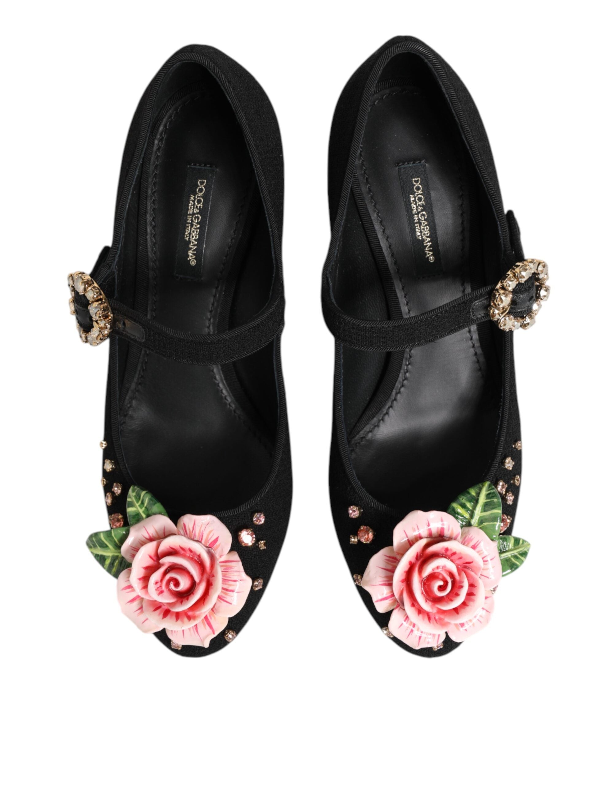 Dolce & Gabbana Schwarze Flower Mary Jane Schuhe mit Kristallverzierung