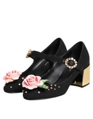Dolce & Gabbana Schwarze Flower Mary Jane Schuhe mit Kristallverzierung