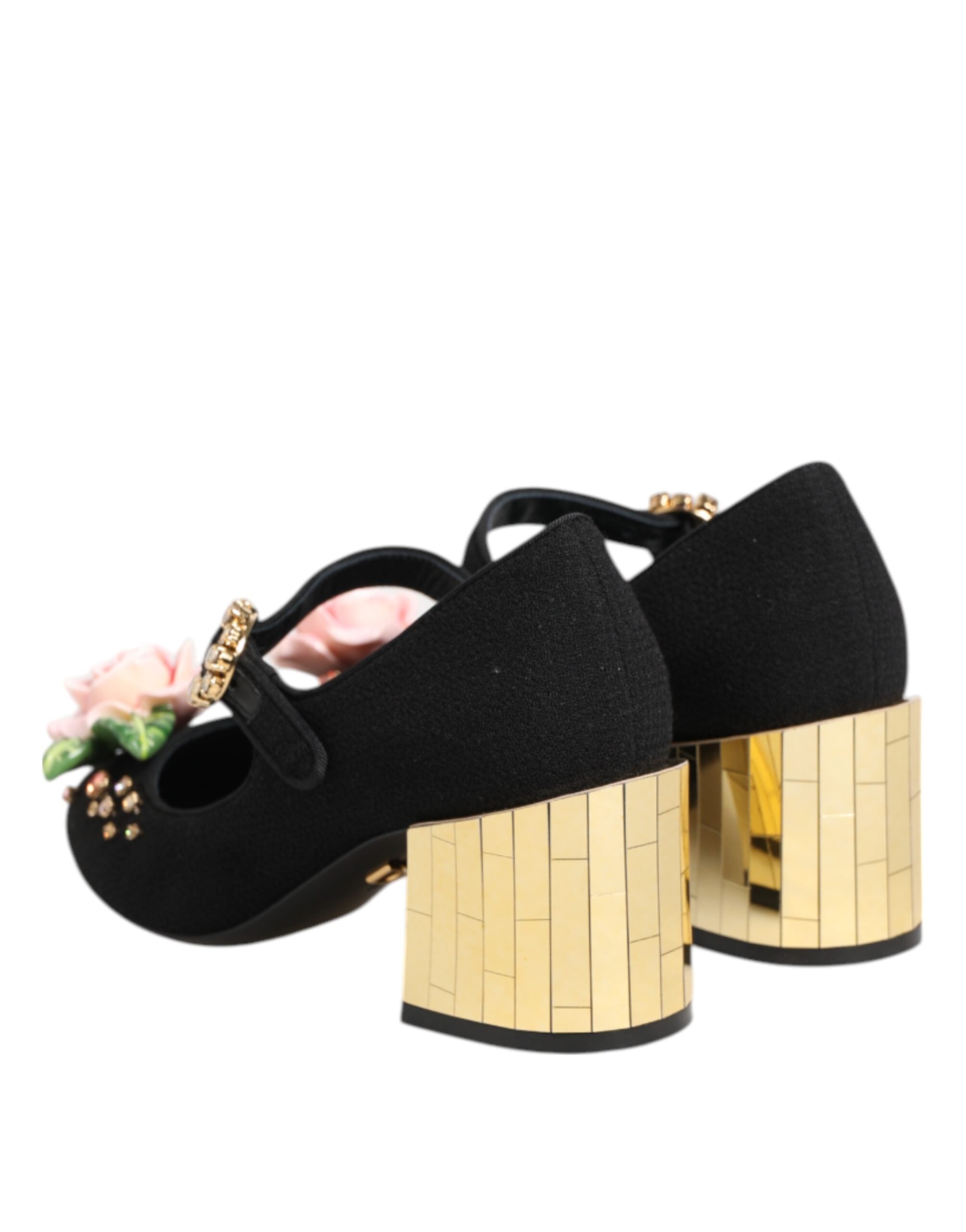 Dolce & Gabbana Schwarze Flower Mary Jane Schuhe mit Kristallverzierung
