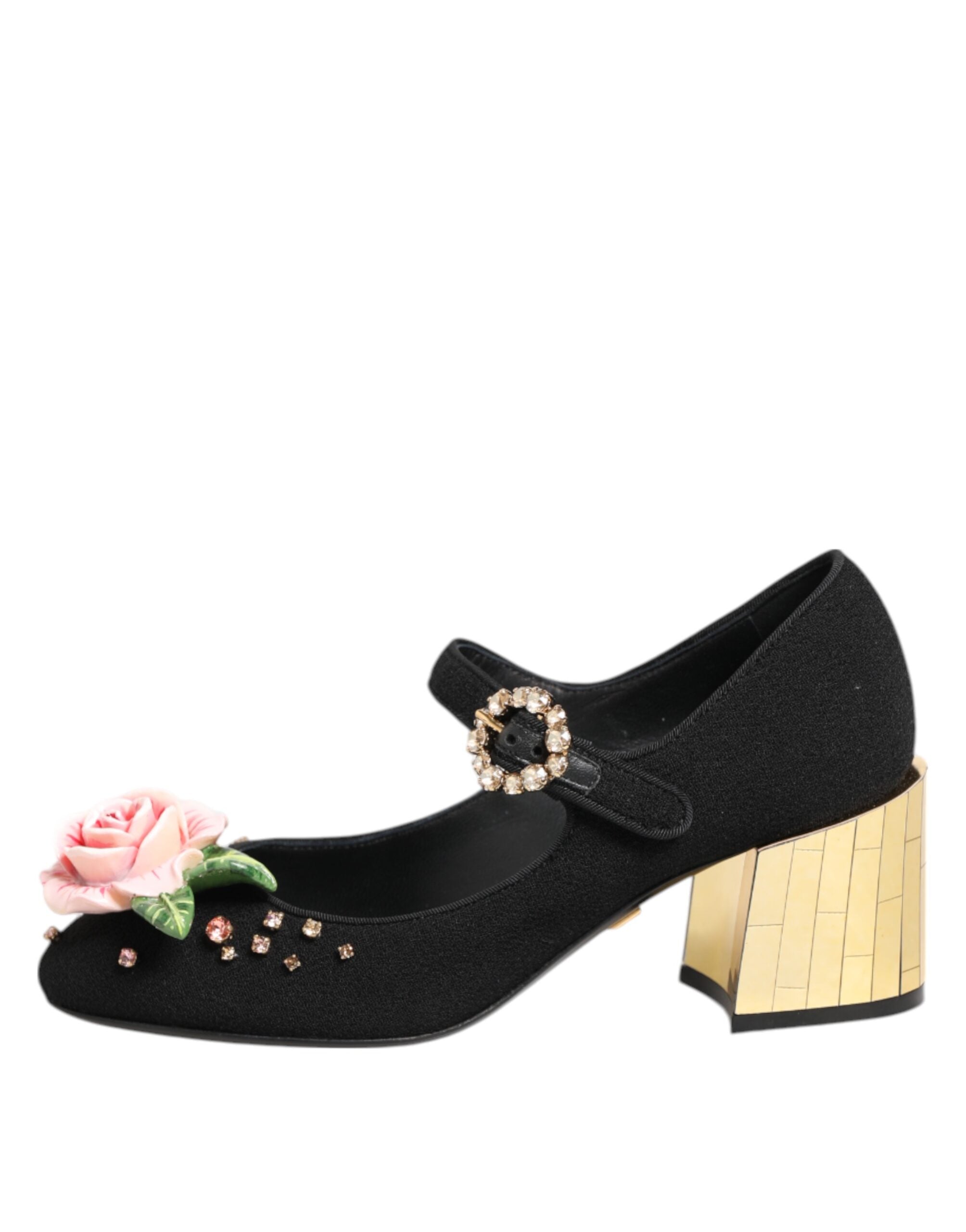 Dolce & Gabbana Schwarze Flower Mary Jane Schuhe mit Kristallverzierung