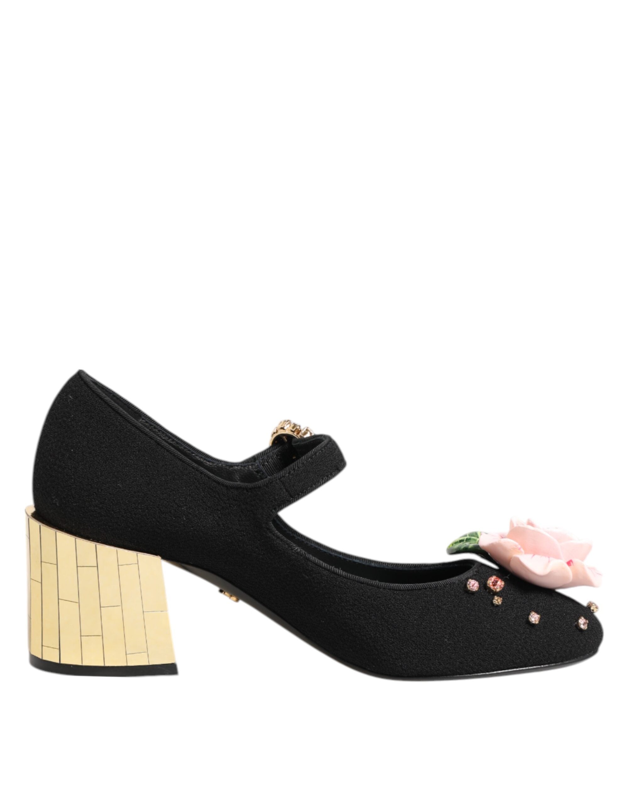 Dolce & Gabbana Schwarze Flower Mary Jane Schuhe mit Kristallverzierung