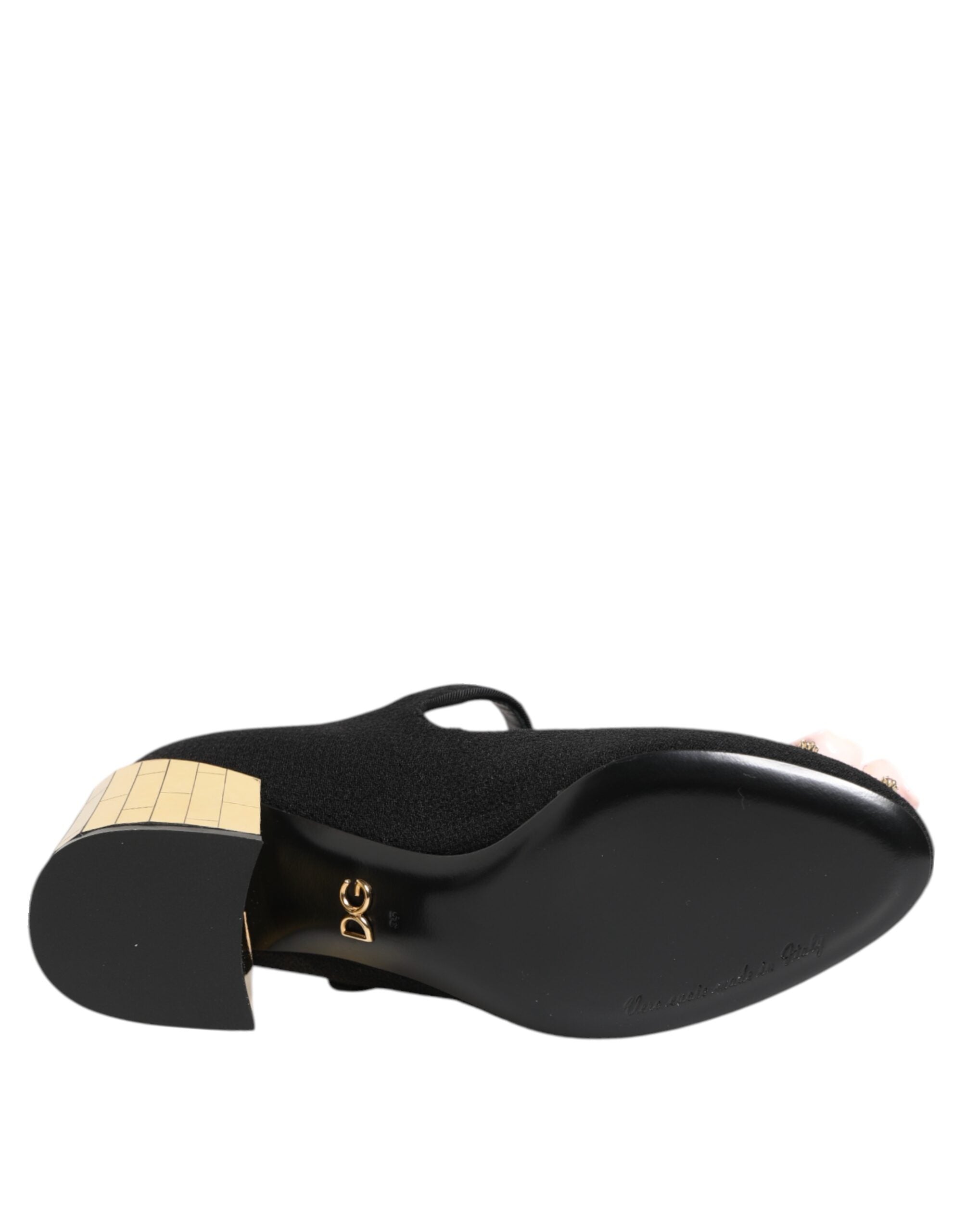 Dolce & Gabbana Schwarze Flower Mary Jane Schuhe mit Kristallverzierung